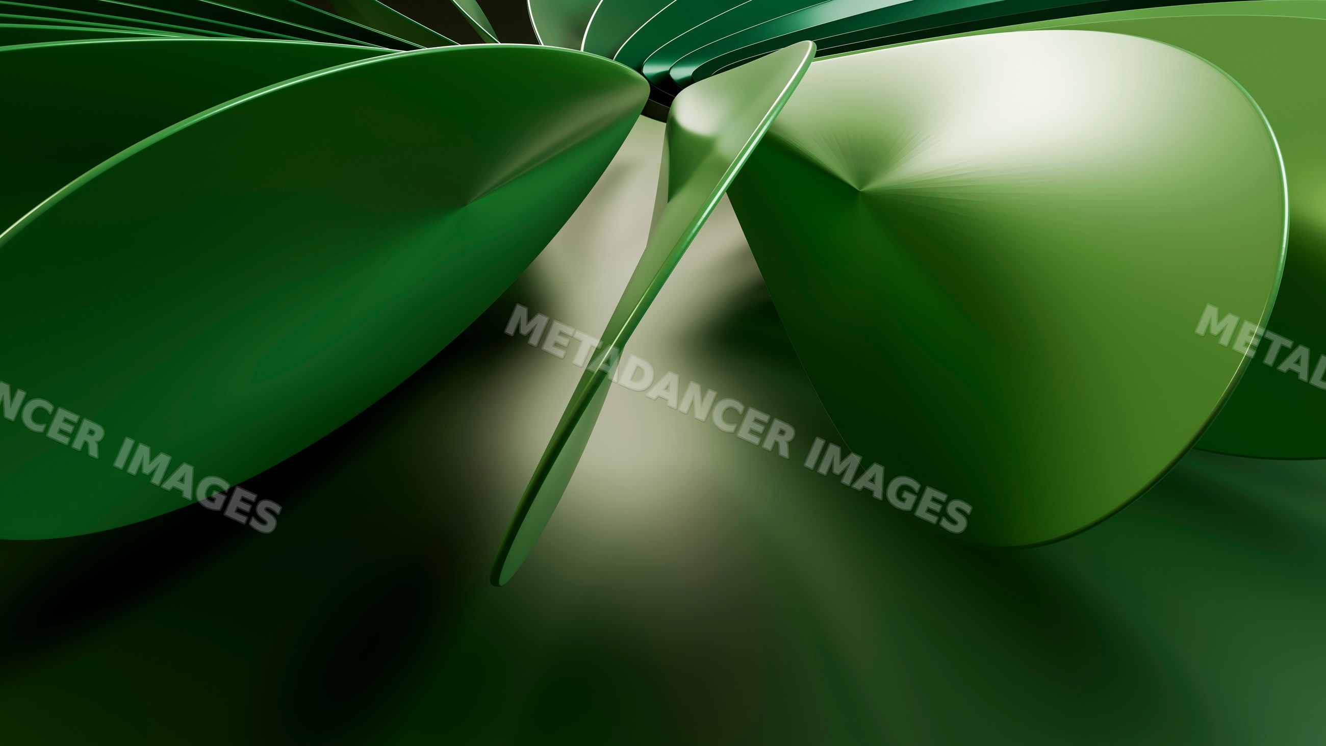 Green abstract sculpture with smooth curved shapes and metallic