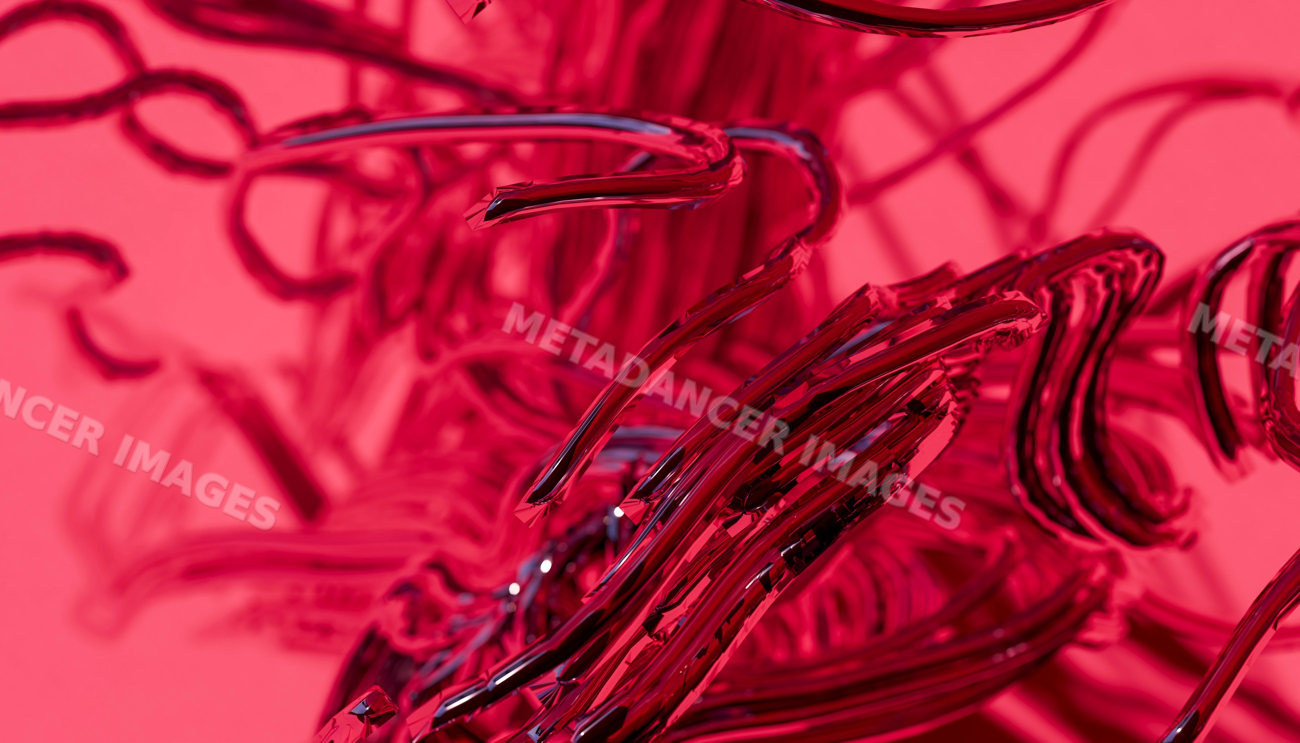 Close-up of abstract curved red glass tubes with reflective surfaces