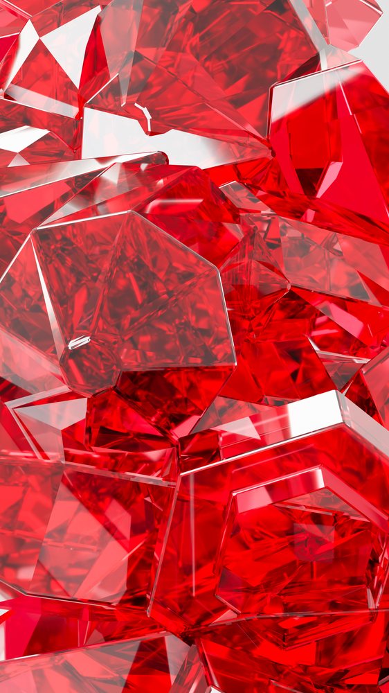 Red faceted geometric crystals with reflective transparent surfaces
