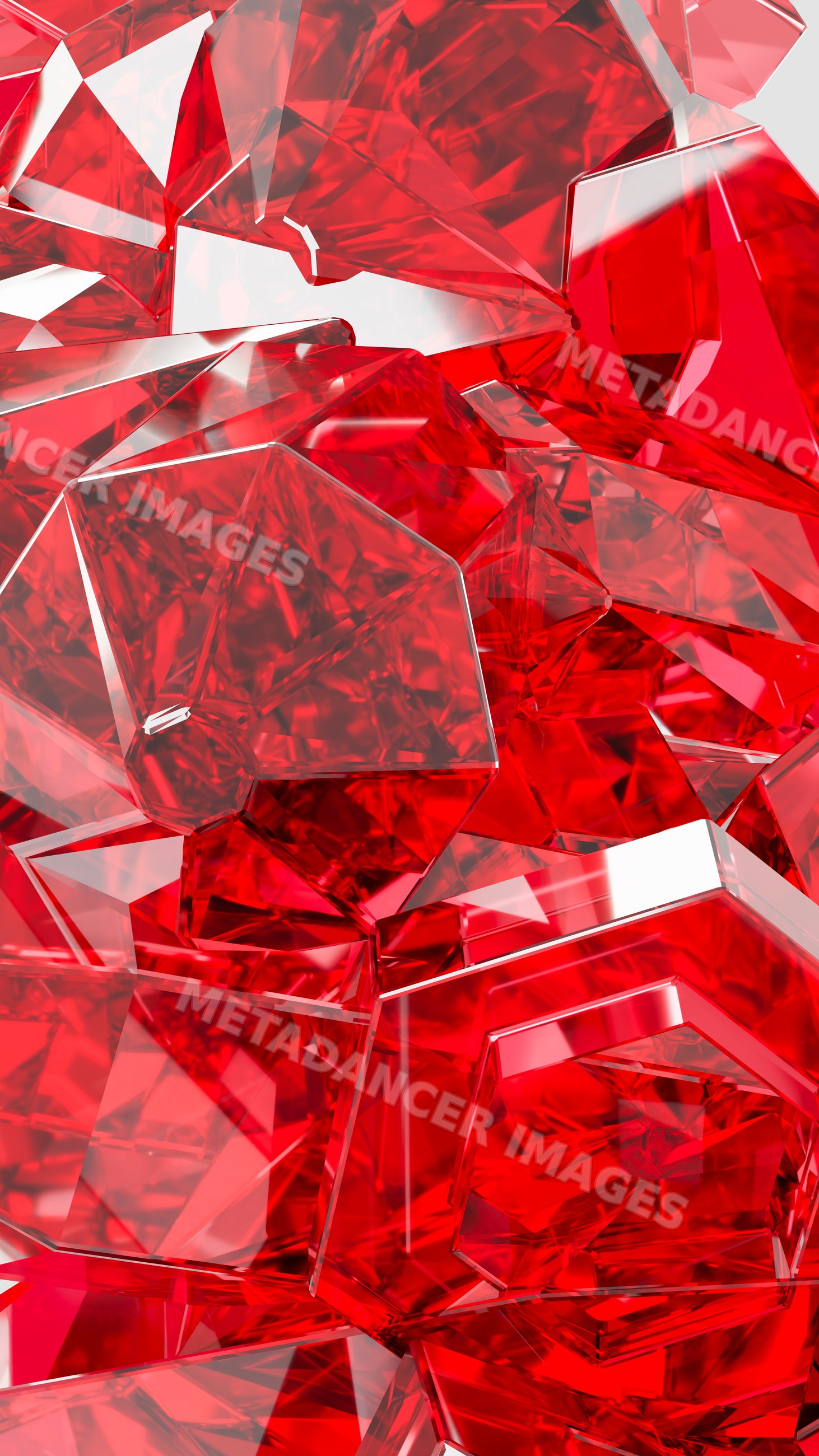 Red faceted geometric crystals with reflective transparent surfaces
