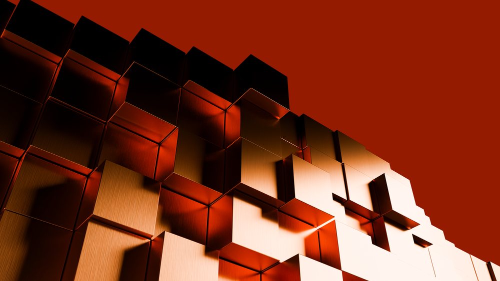 3d metallic gold cubes forming abstract geometric pattern