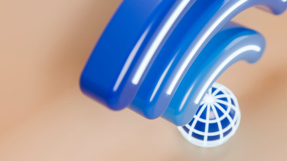 Blue wifi symbol with globe representing wireless network connection