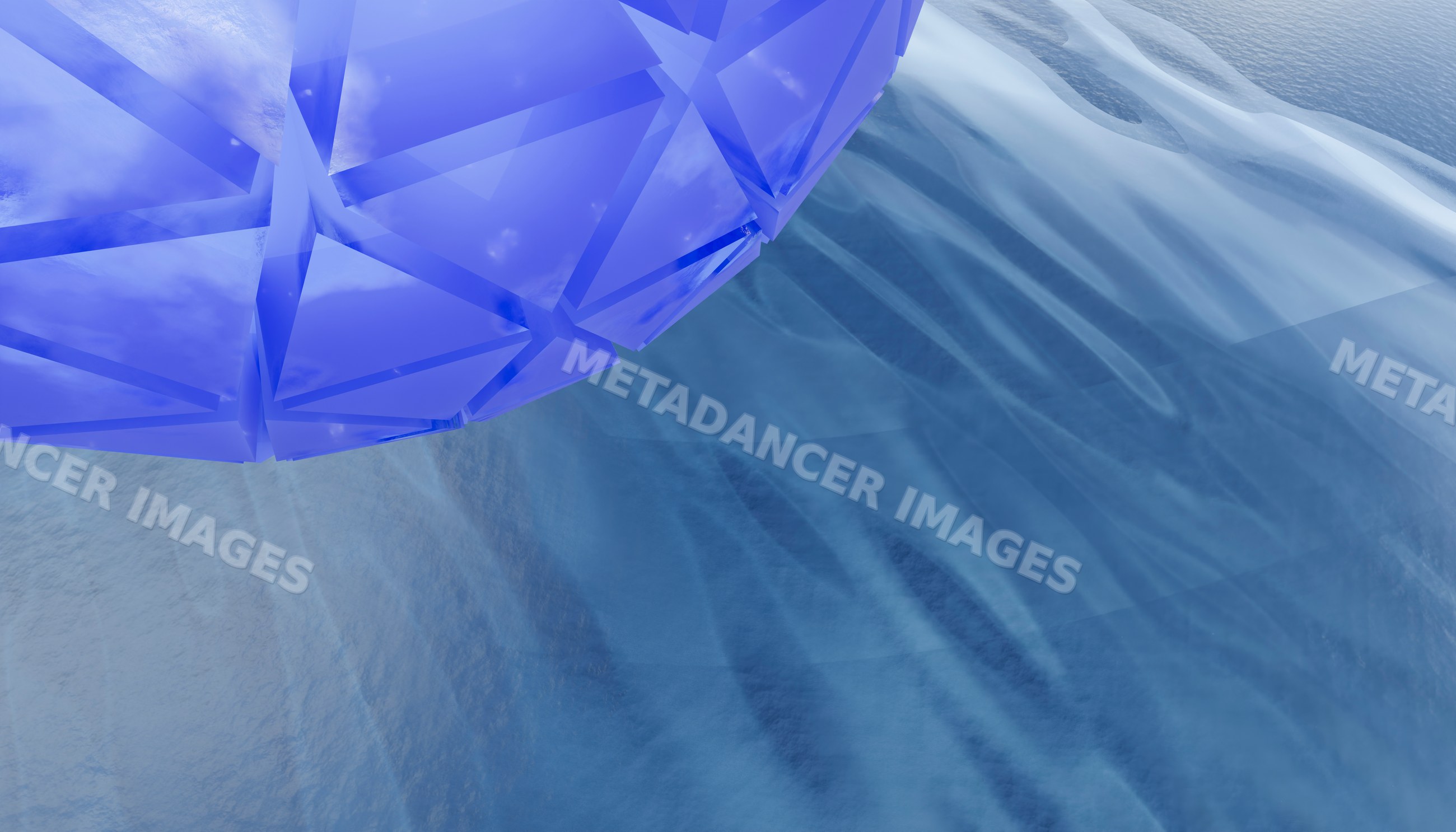 Blue geometric crystal-like structure with transparent facets