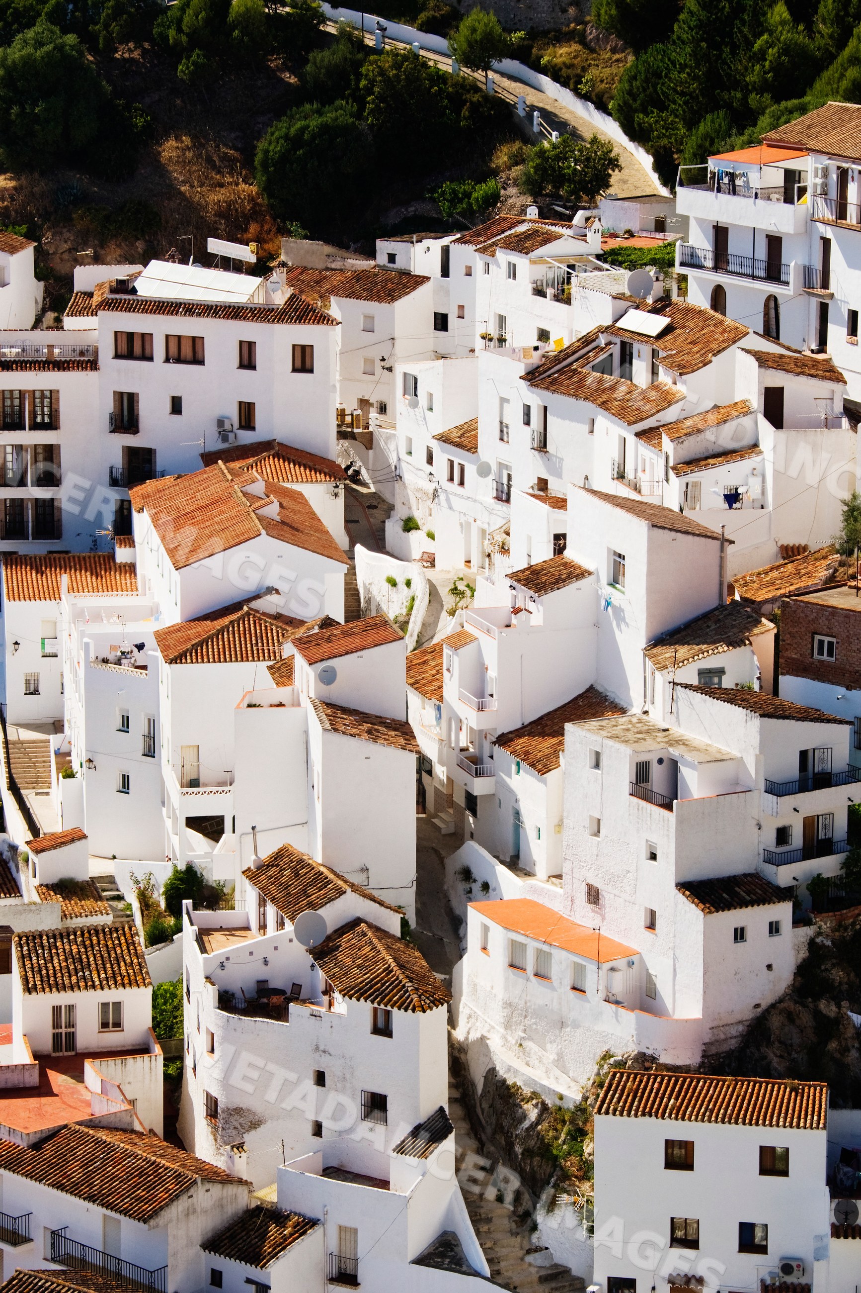 Overview of white buildings clustered on the hillside town of casares