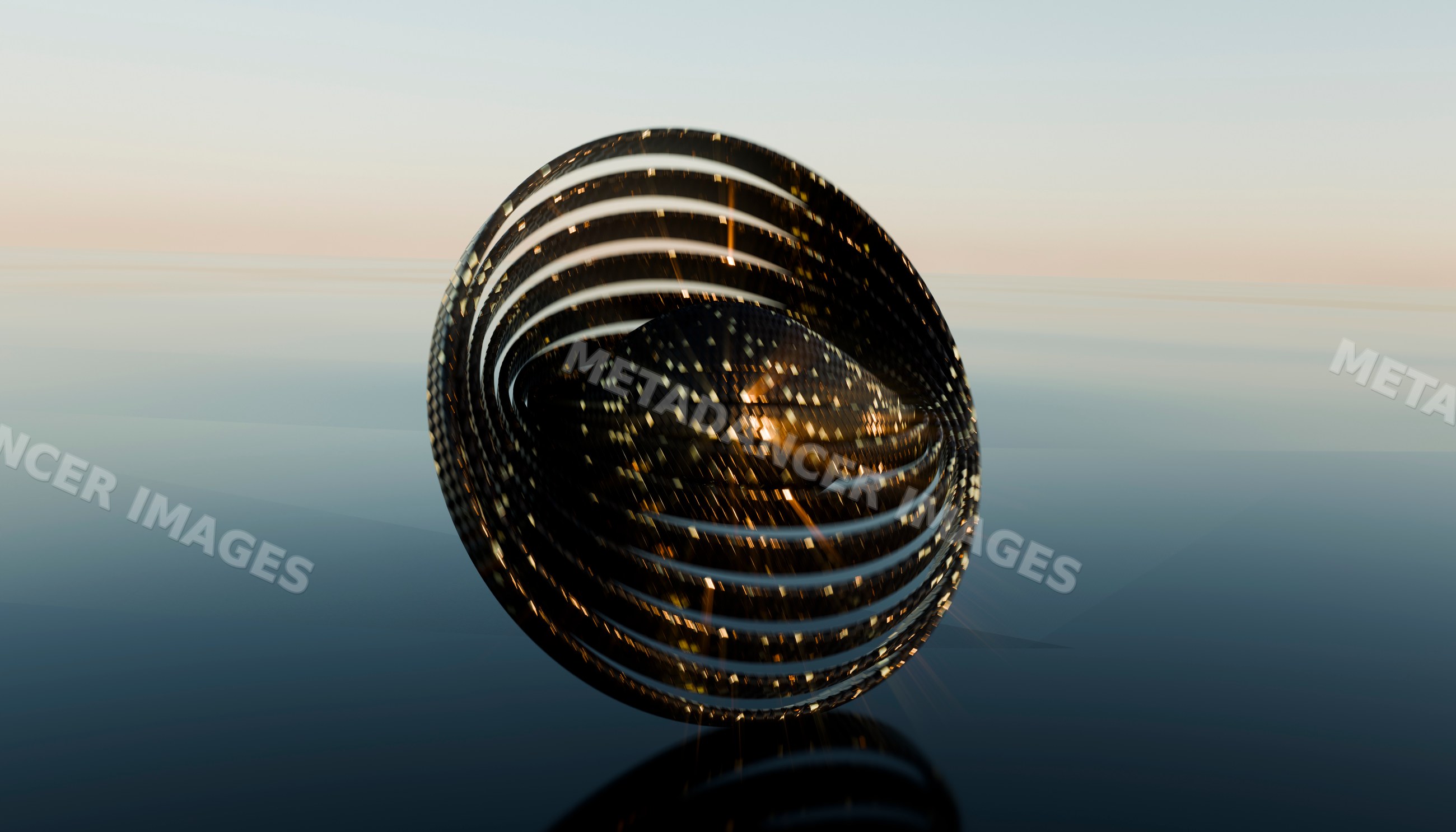 A 3d rendering of an abstract reflective sphere with concentric rings