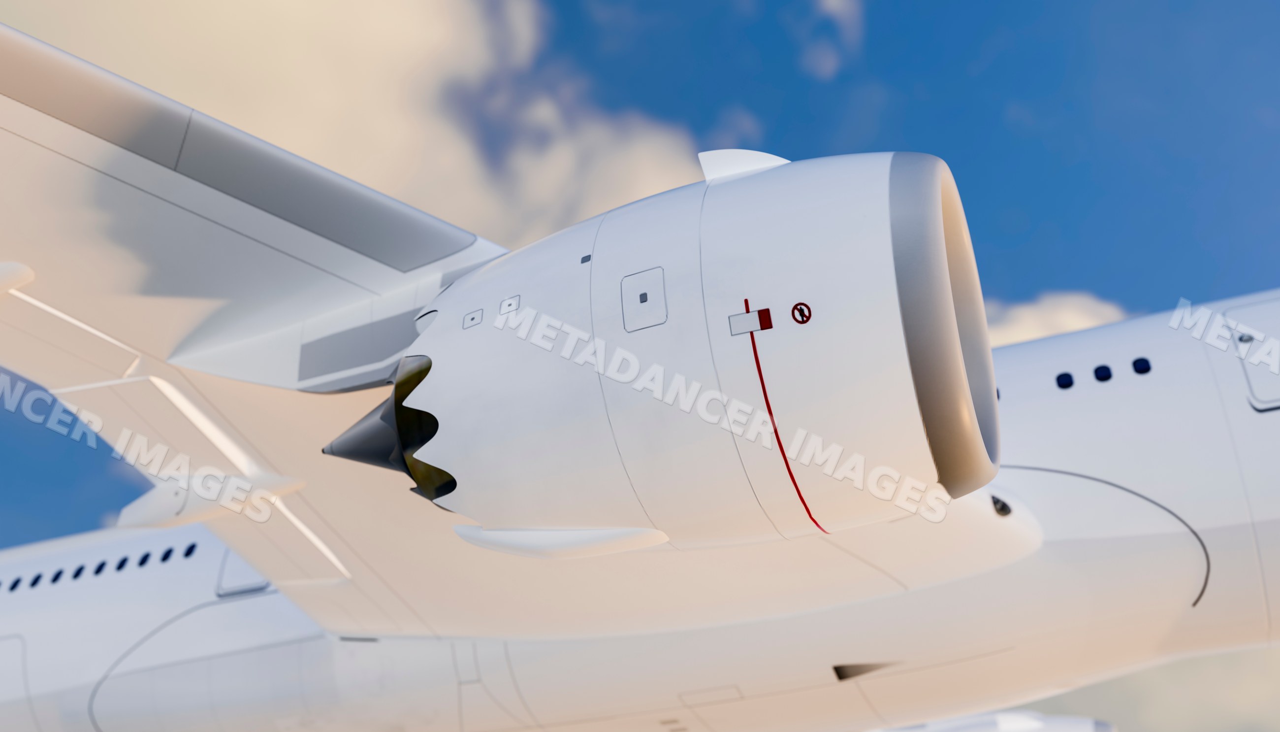 Close-up of a jet engine on a commercial airplane wing flying
