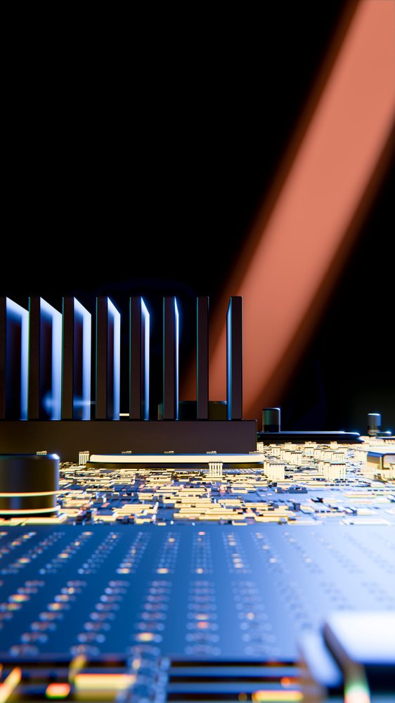 Close-up of computer chip with heat sink and digital components