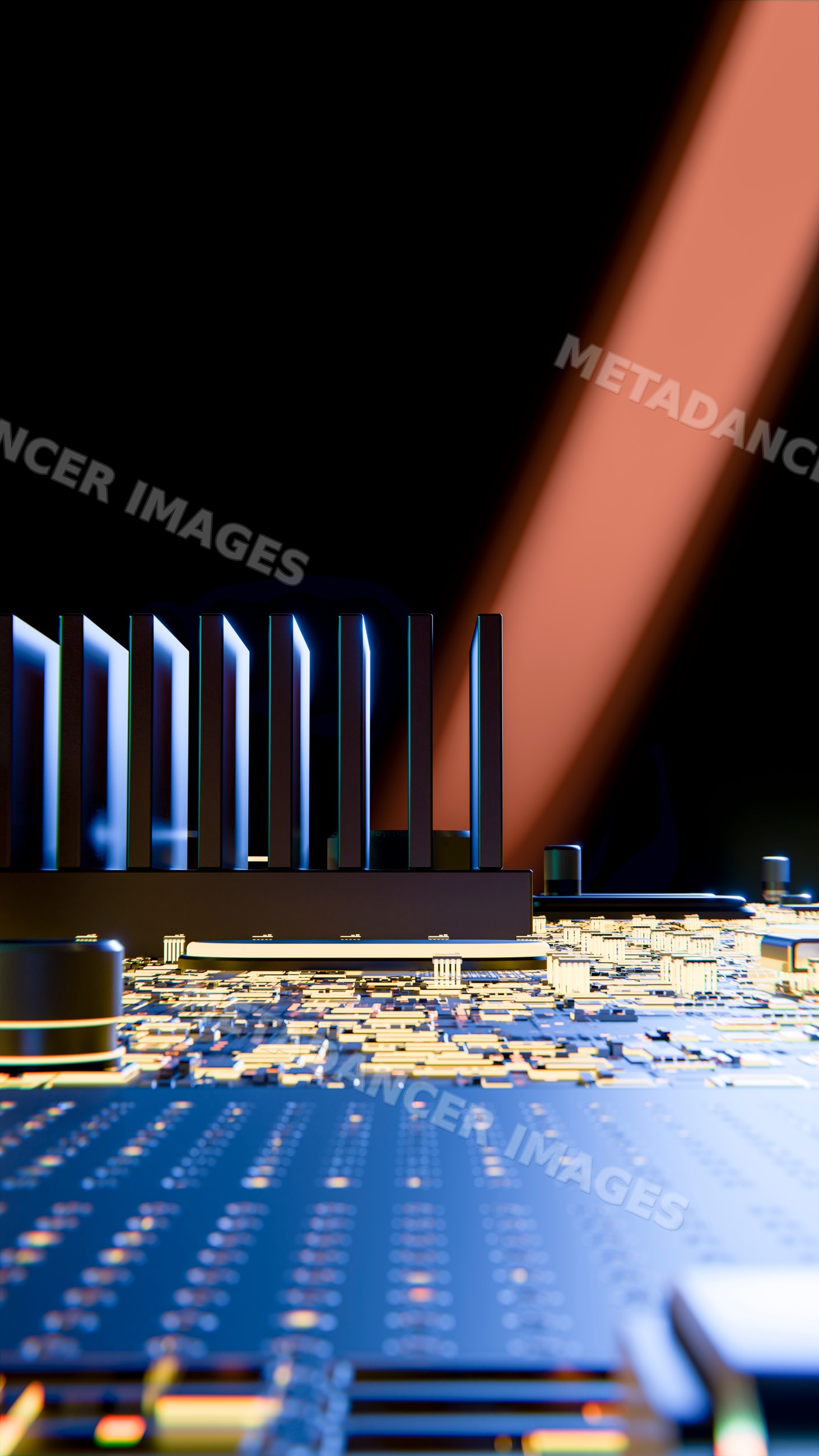 Close-up of computer chip with heat sink and digital components