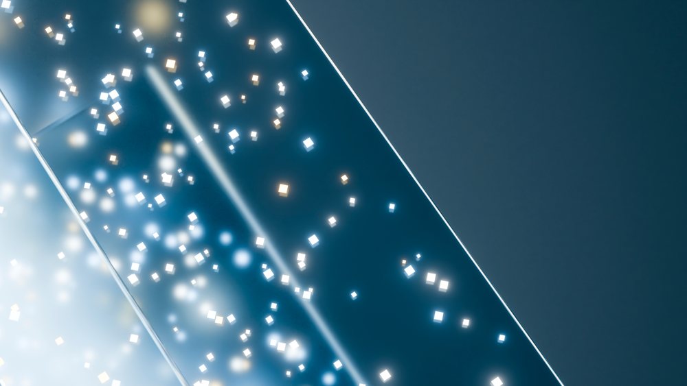 Abstract blue digital light particles with glowing squares
