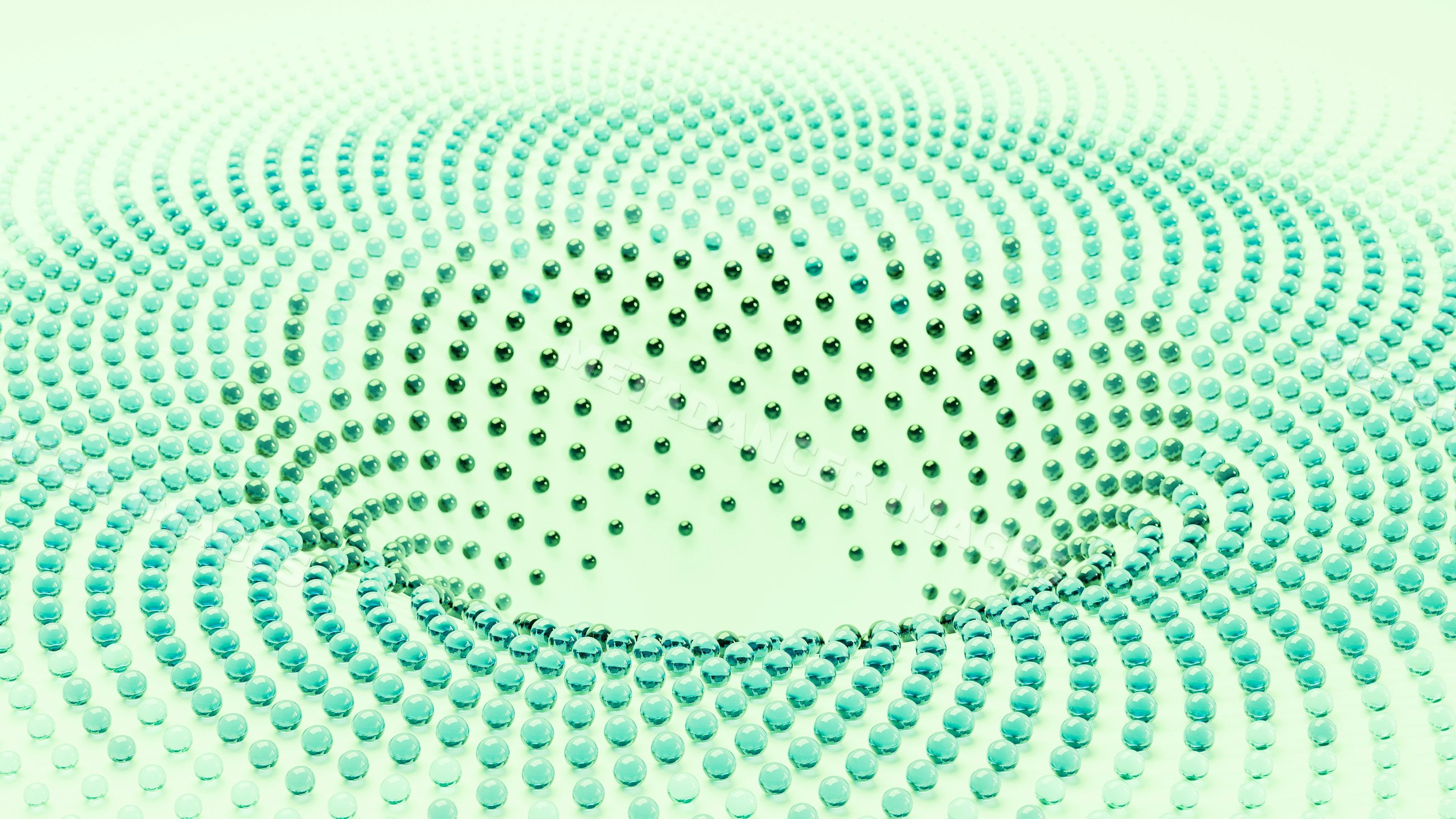 Blue spherical beads arranged in spiral wave pattern 3d illustration