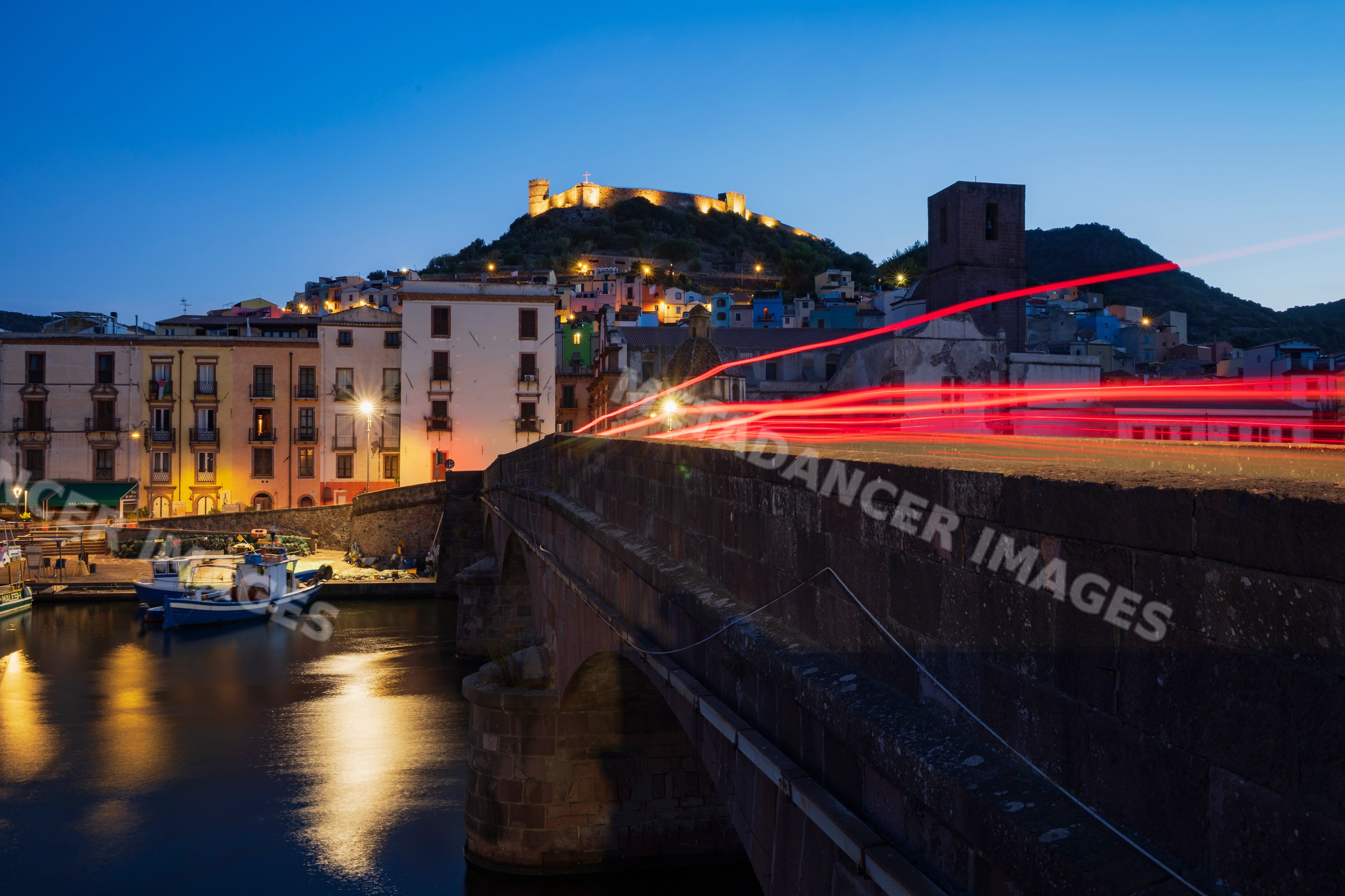 Temo River and hilltop castle in Bosa, sardinia