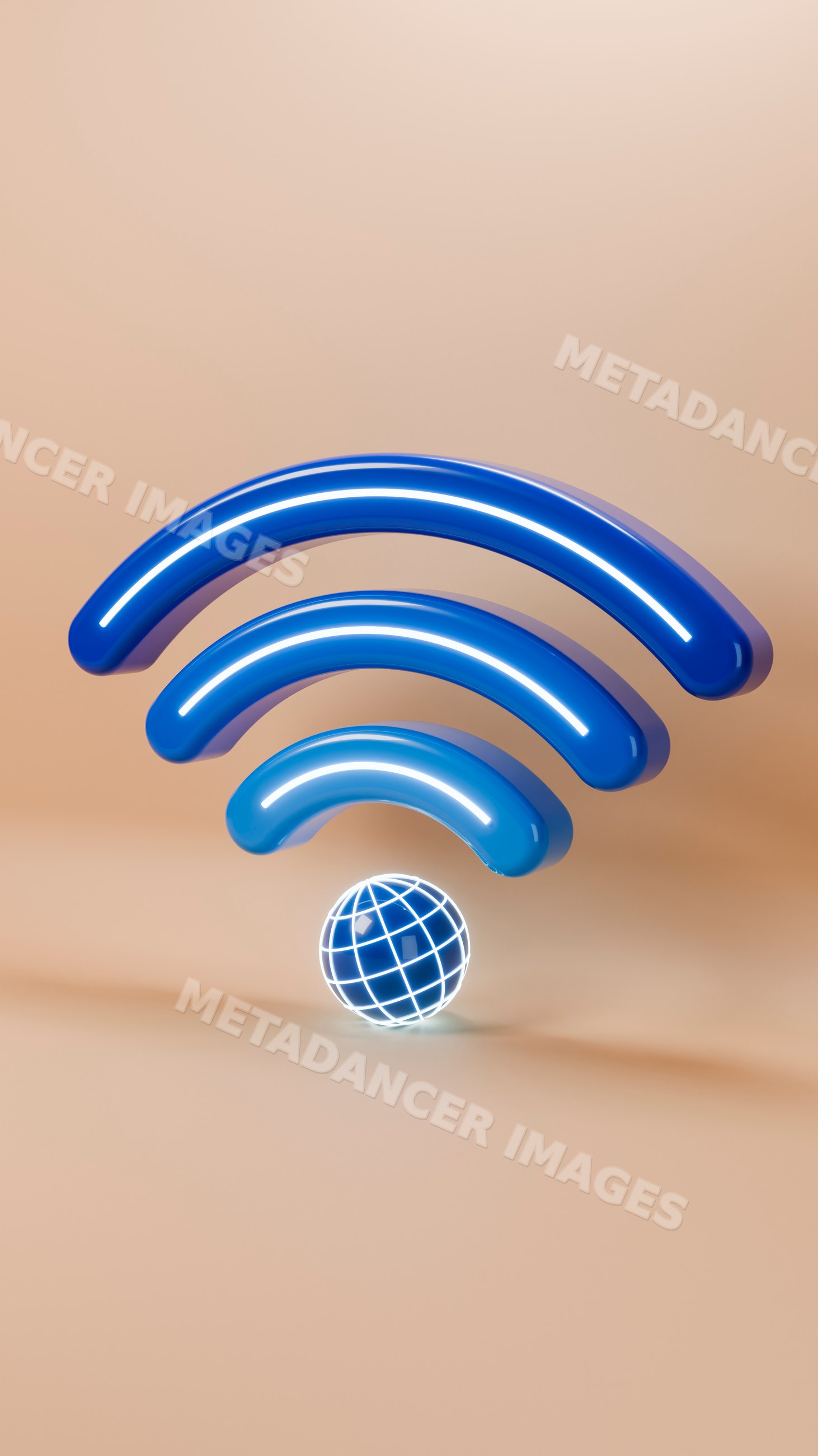 3d blue wifi symbol with globe icon on beige background