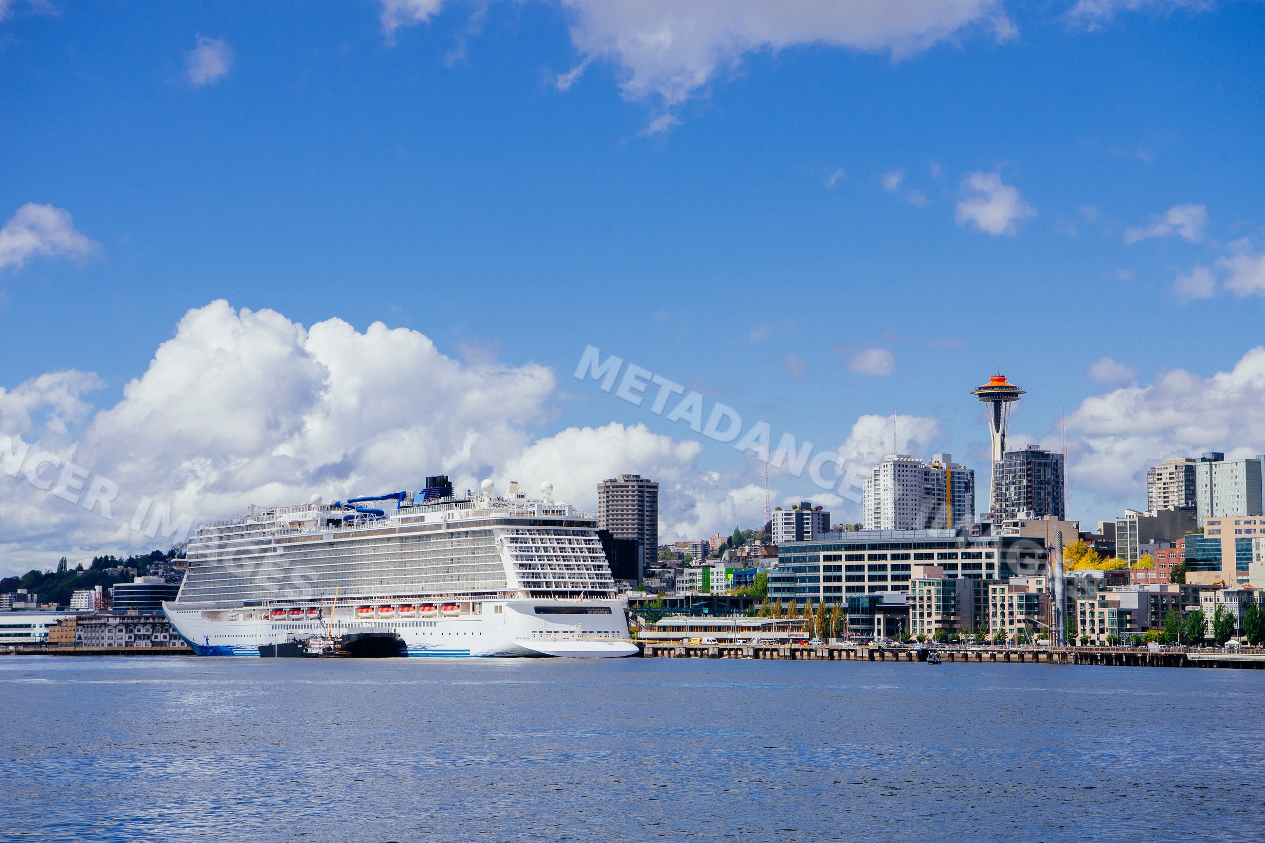 Cruise ship docked at Seattle waterfront with city skyline and space