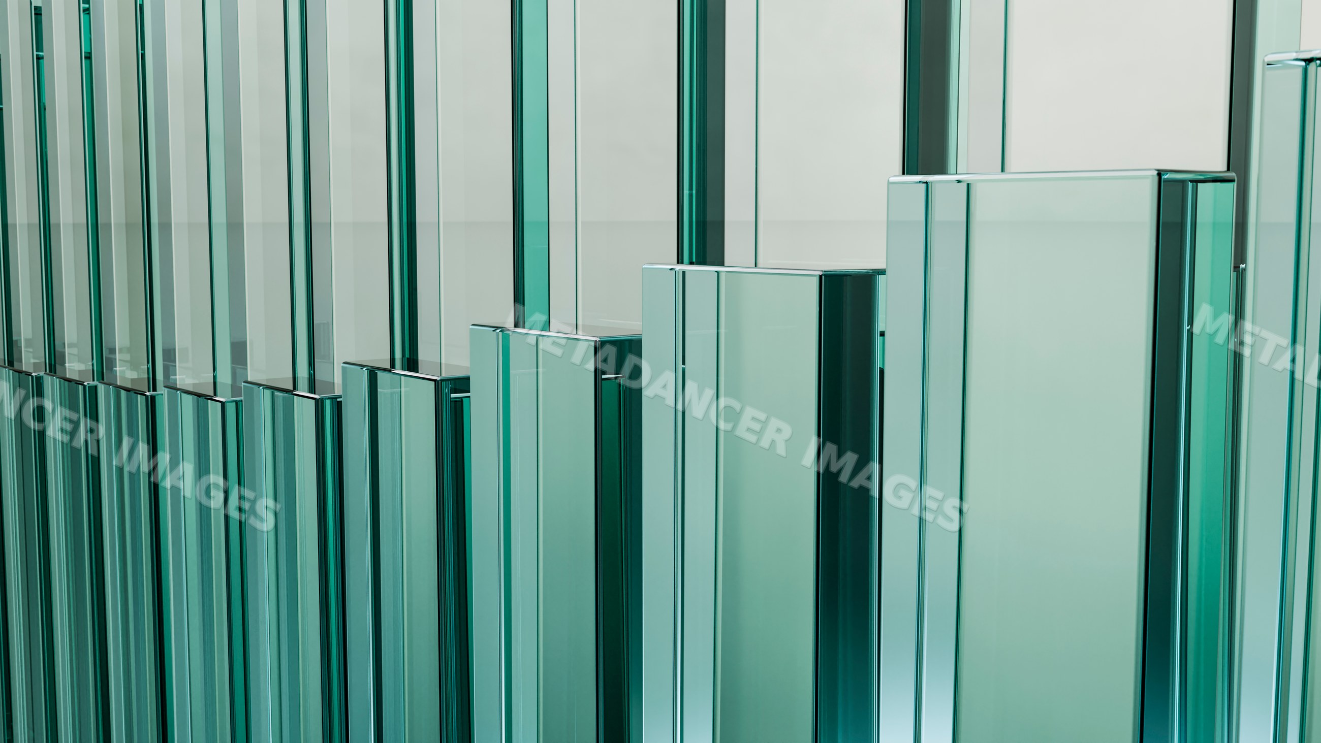 Vertical transparent glass pillars in modern architectural design