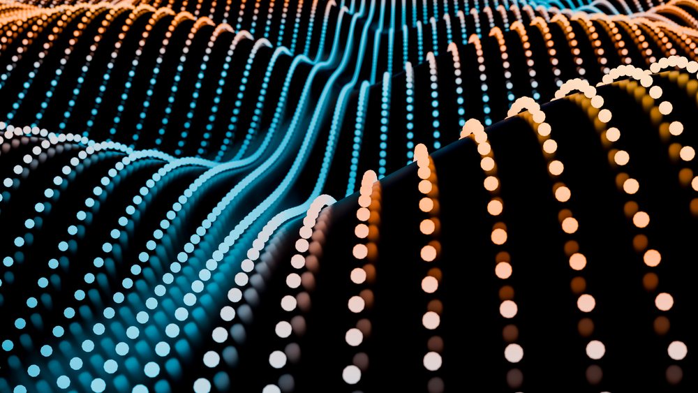 Digital 3d wave with glowing blue and orange dots