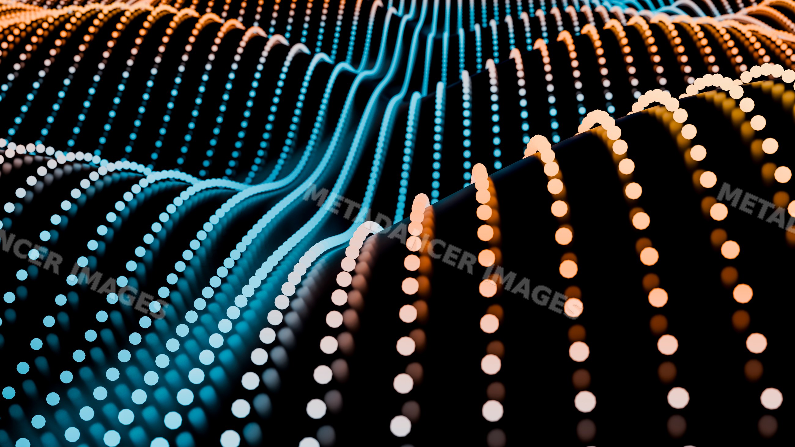 Digital 3d wave with glowing blue and orange dots