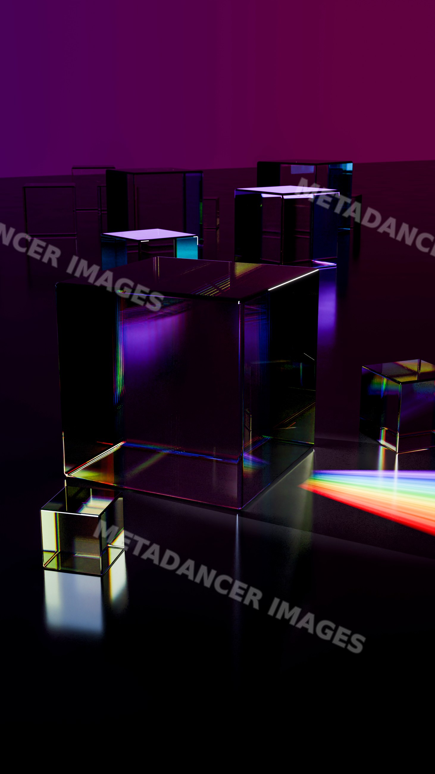 Glass cubes refracting rainbow light on dark reflective surface