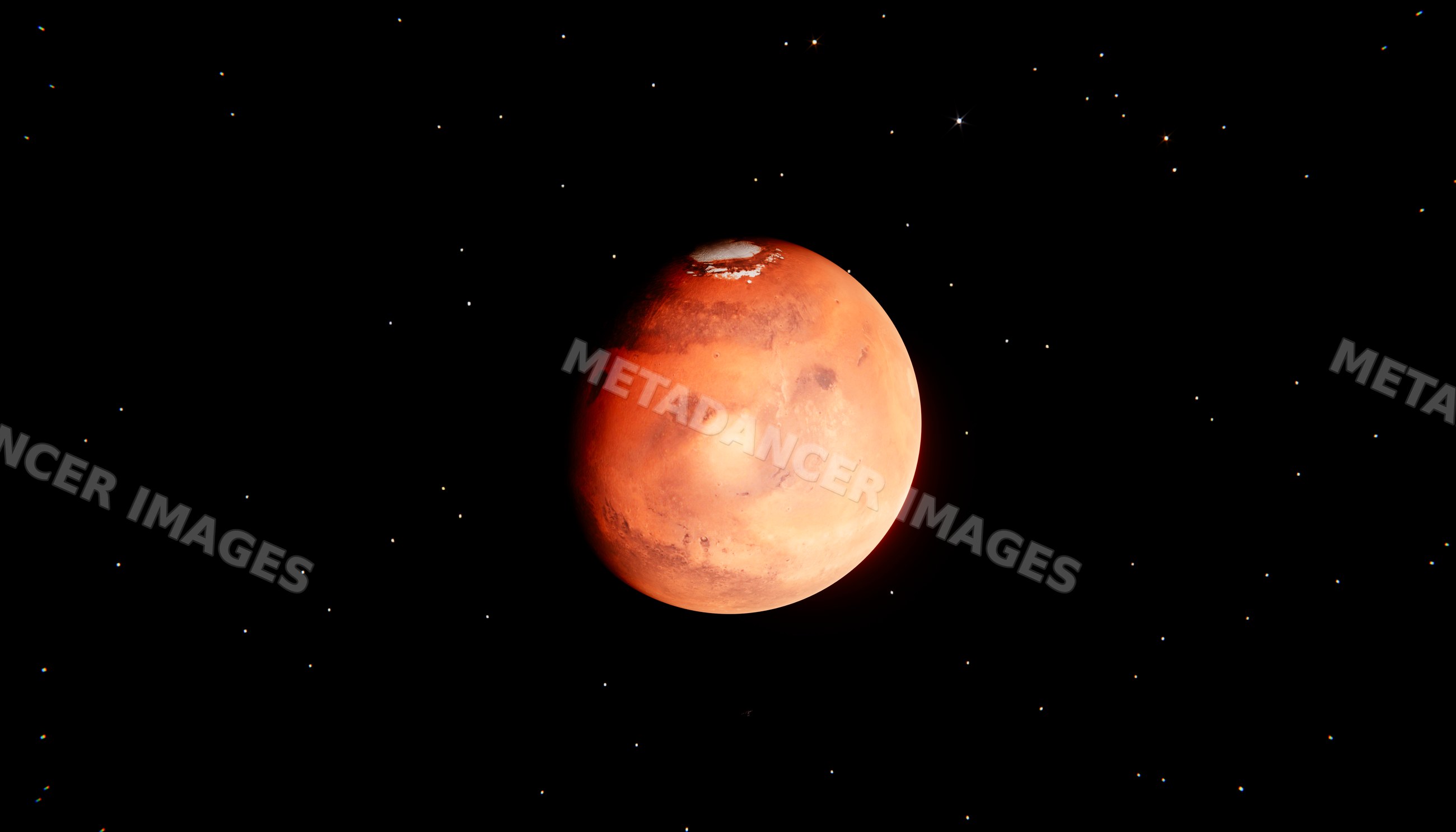 Red planet with polar ice cap floating in outer space