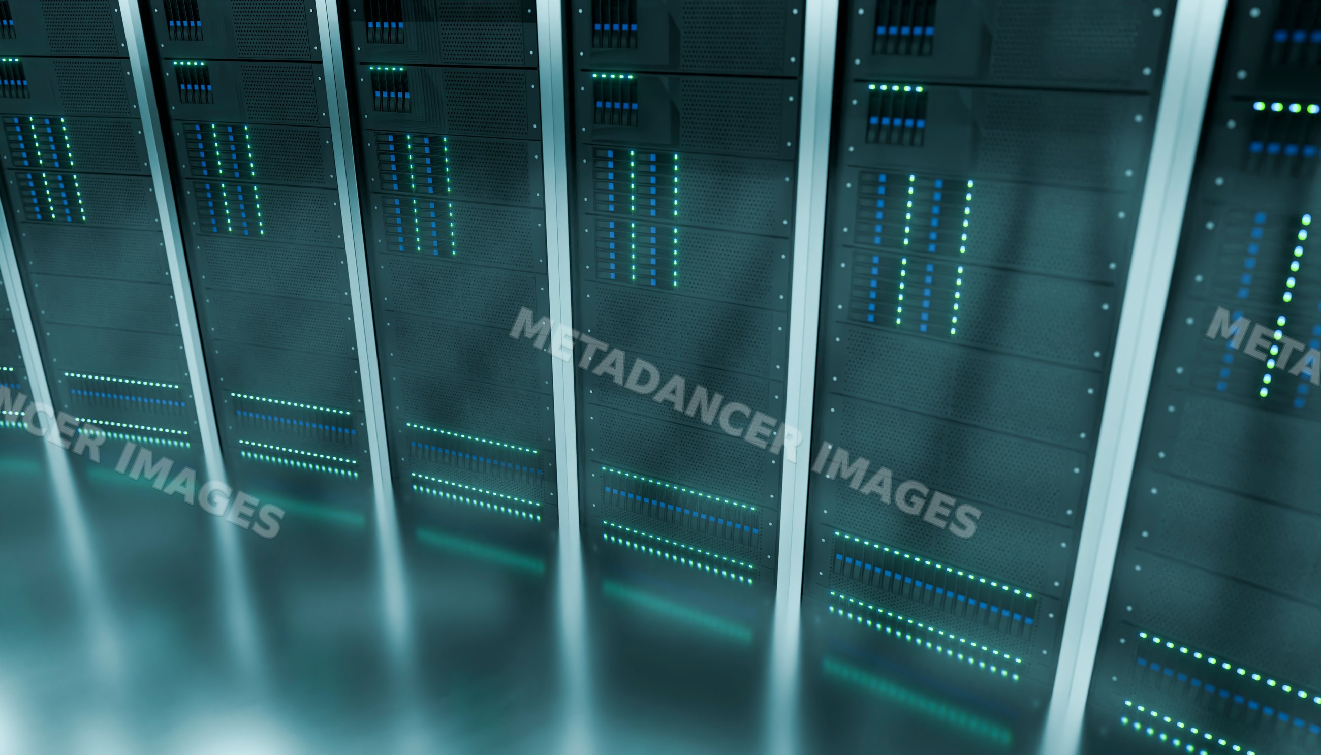 Server racks with illuminated leds in a data center
