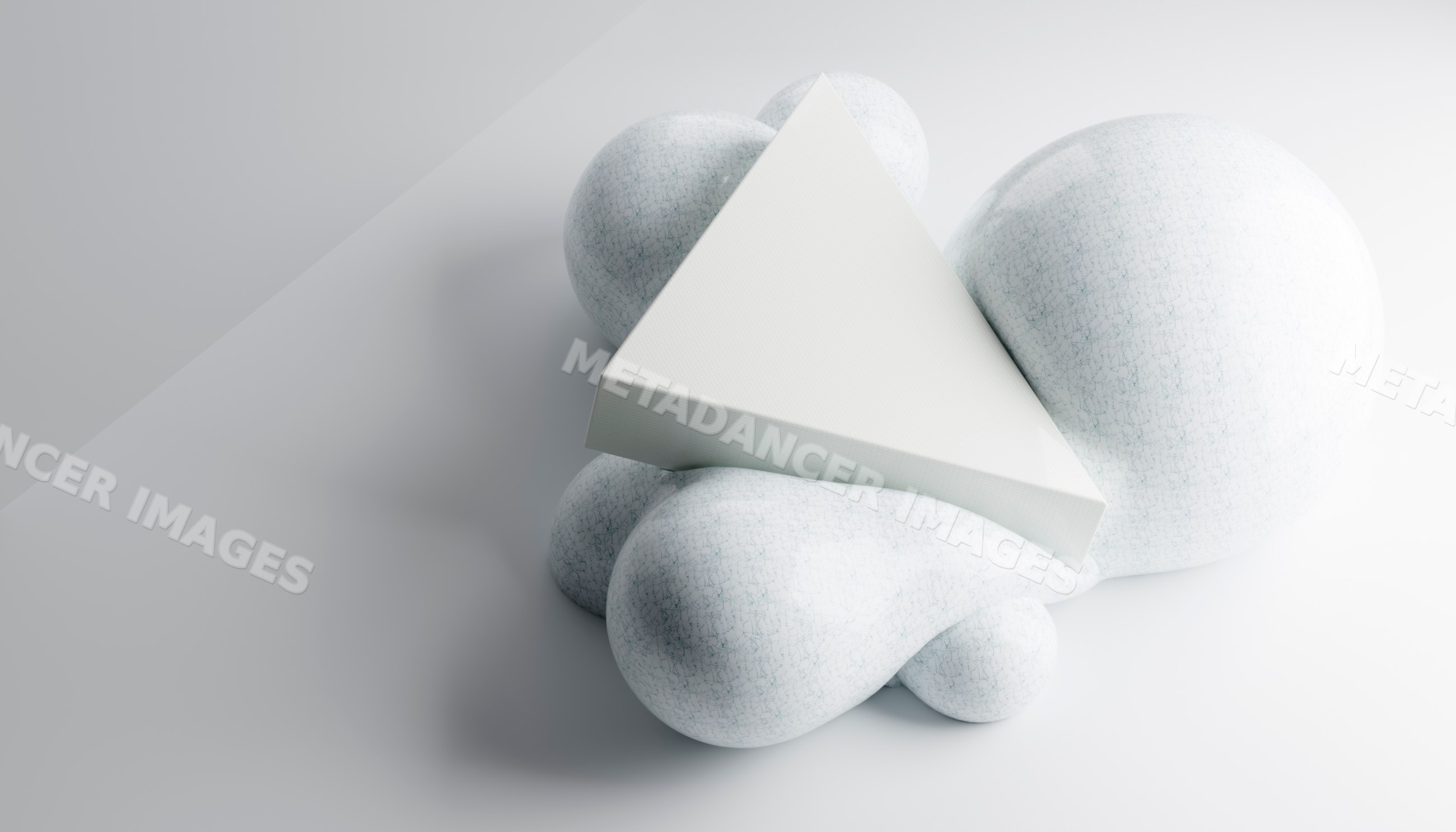 A white triangular prism resting on textured spheres in a 3d rendering