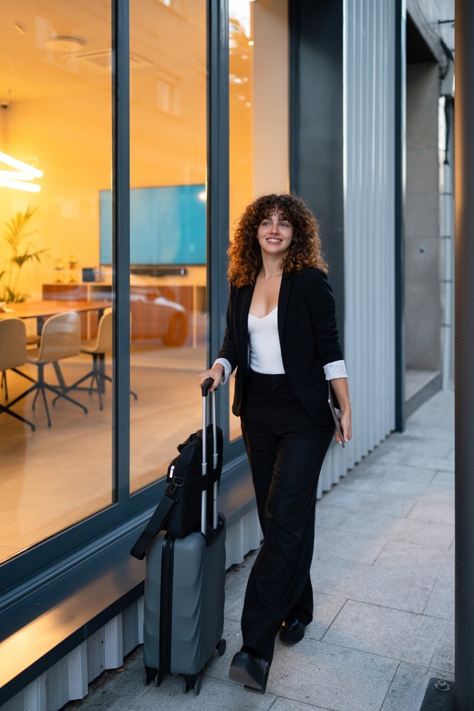 Young business white woman walking with suitcase