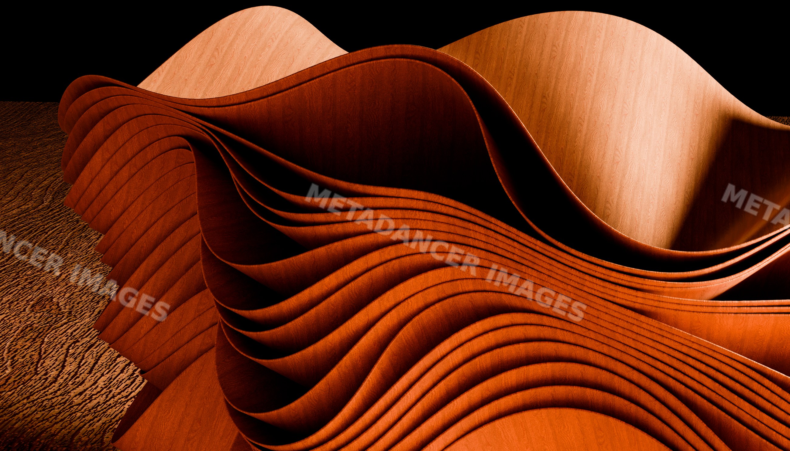 Curved layered wood sheets creating an abstract organic pattern