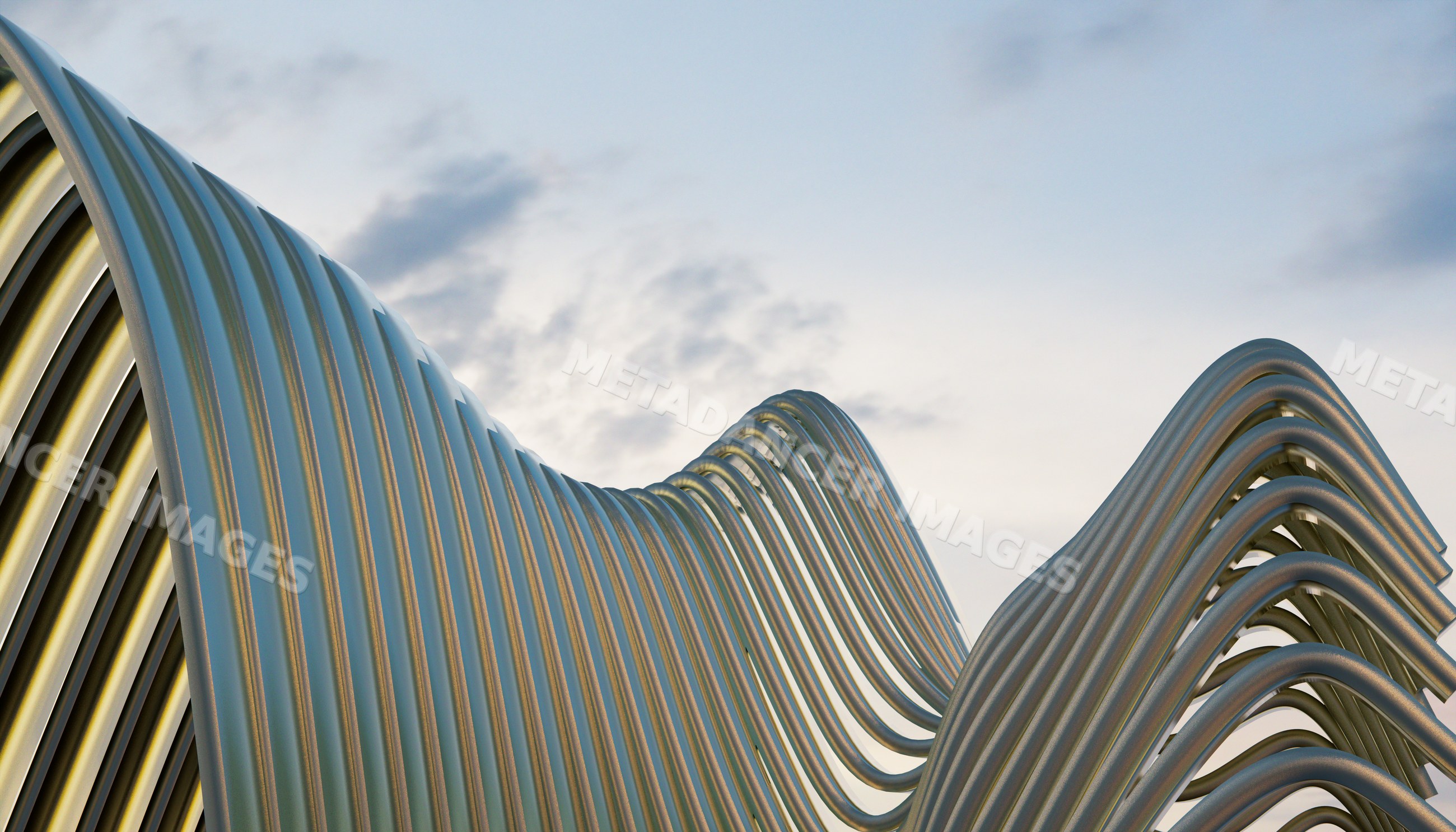Curved metal tubes stacked in an abstract industrial pattern
