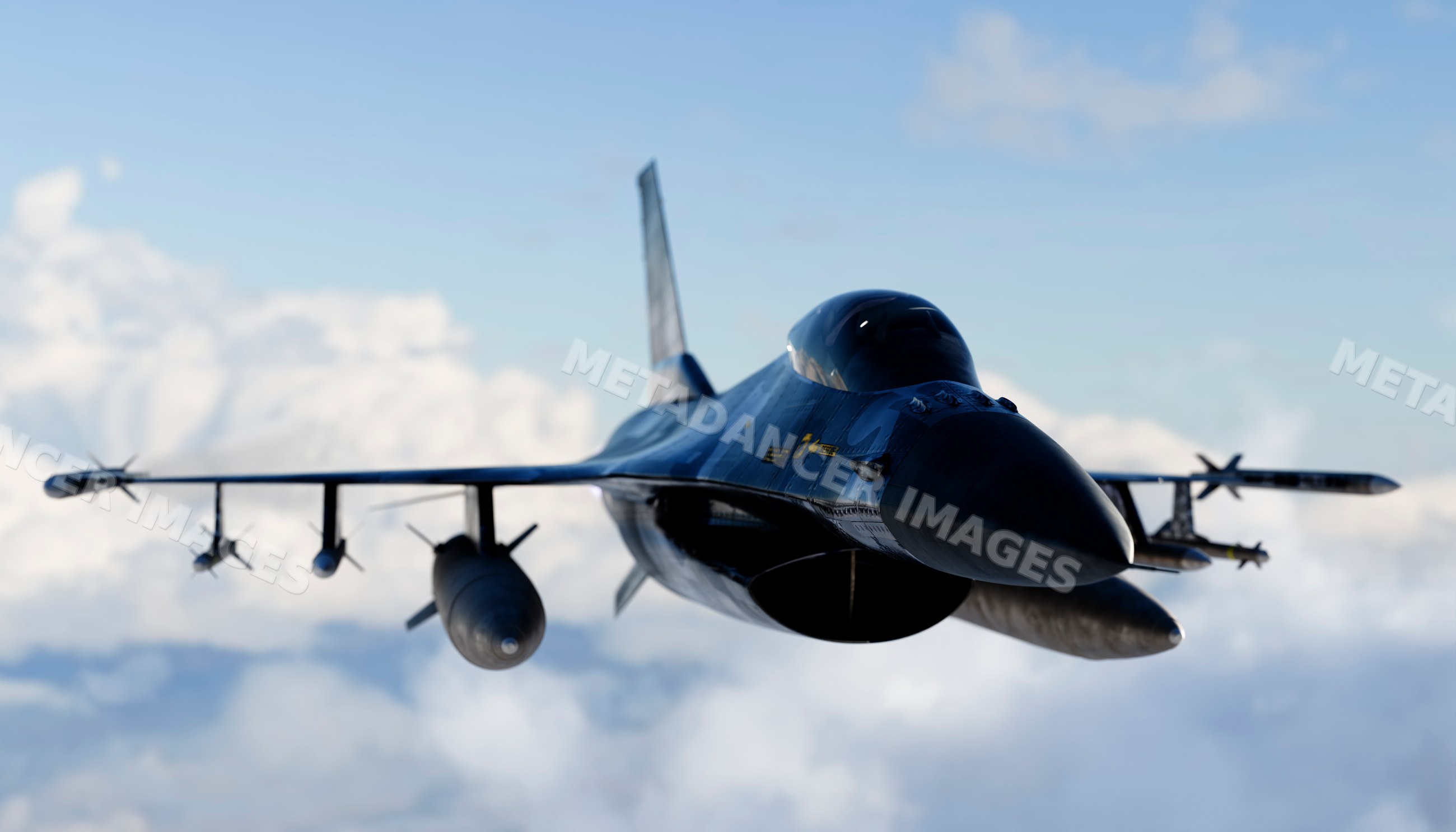 A jet fighter aircraft equipped with missiles flies above the clouds