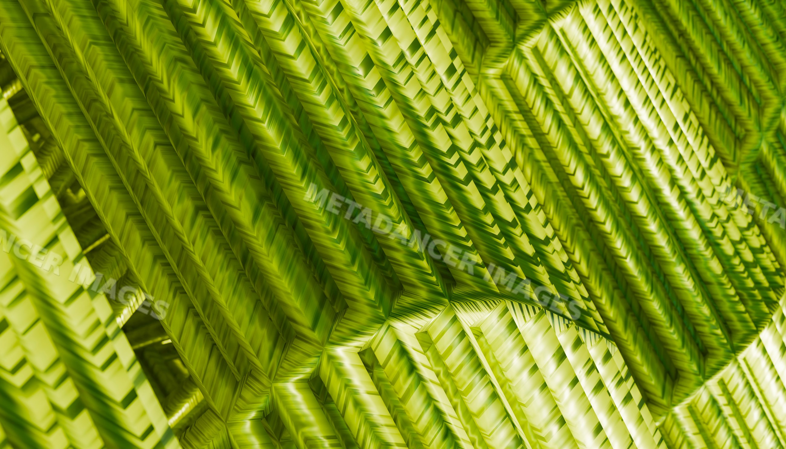Abstract green geometric 3d rendering with layered digital patterns