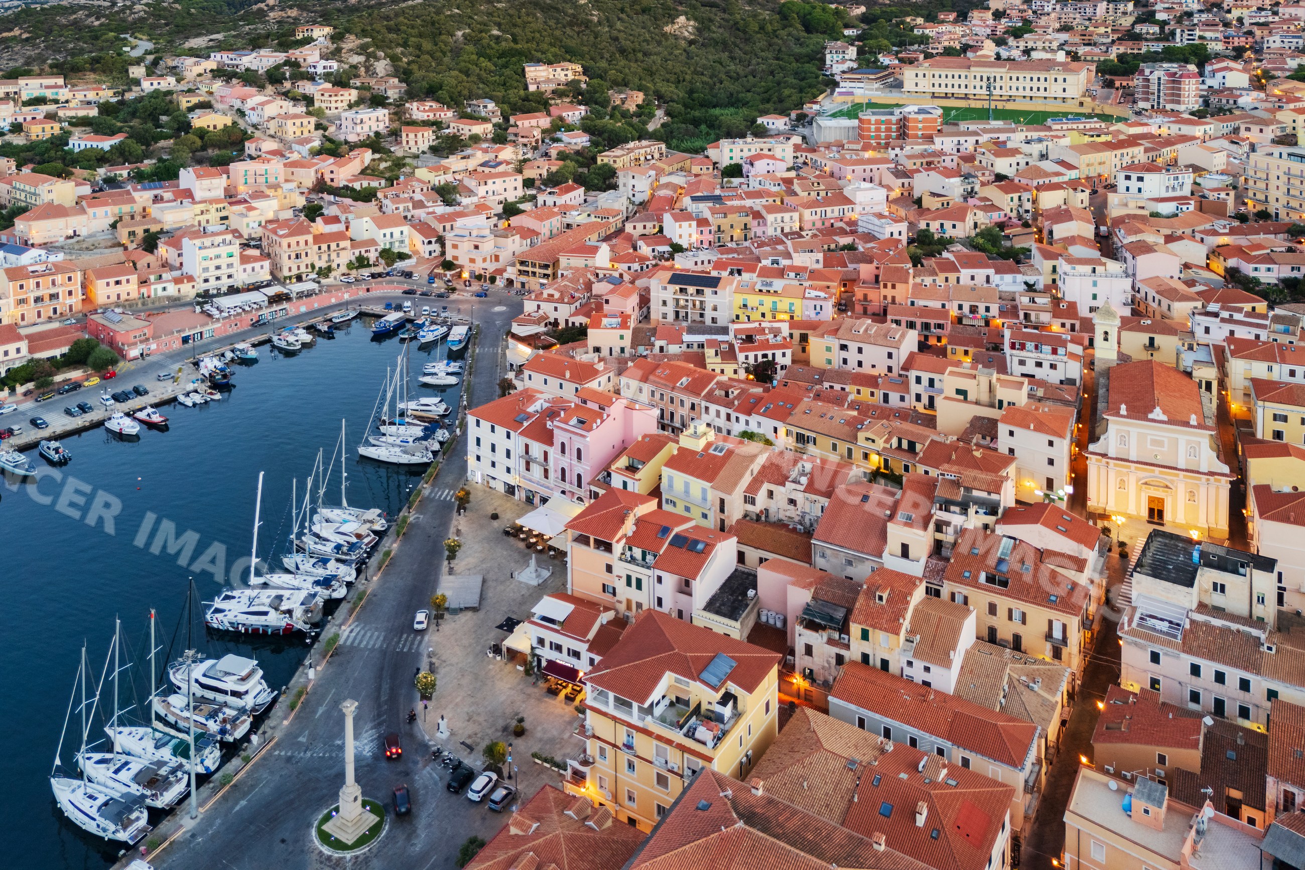 Aerial view of harbor and town in La Maddalena, sardinia, italy