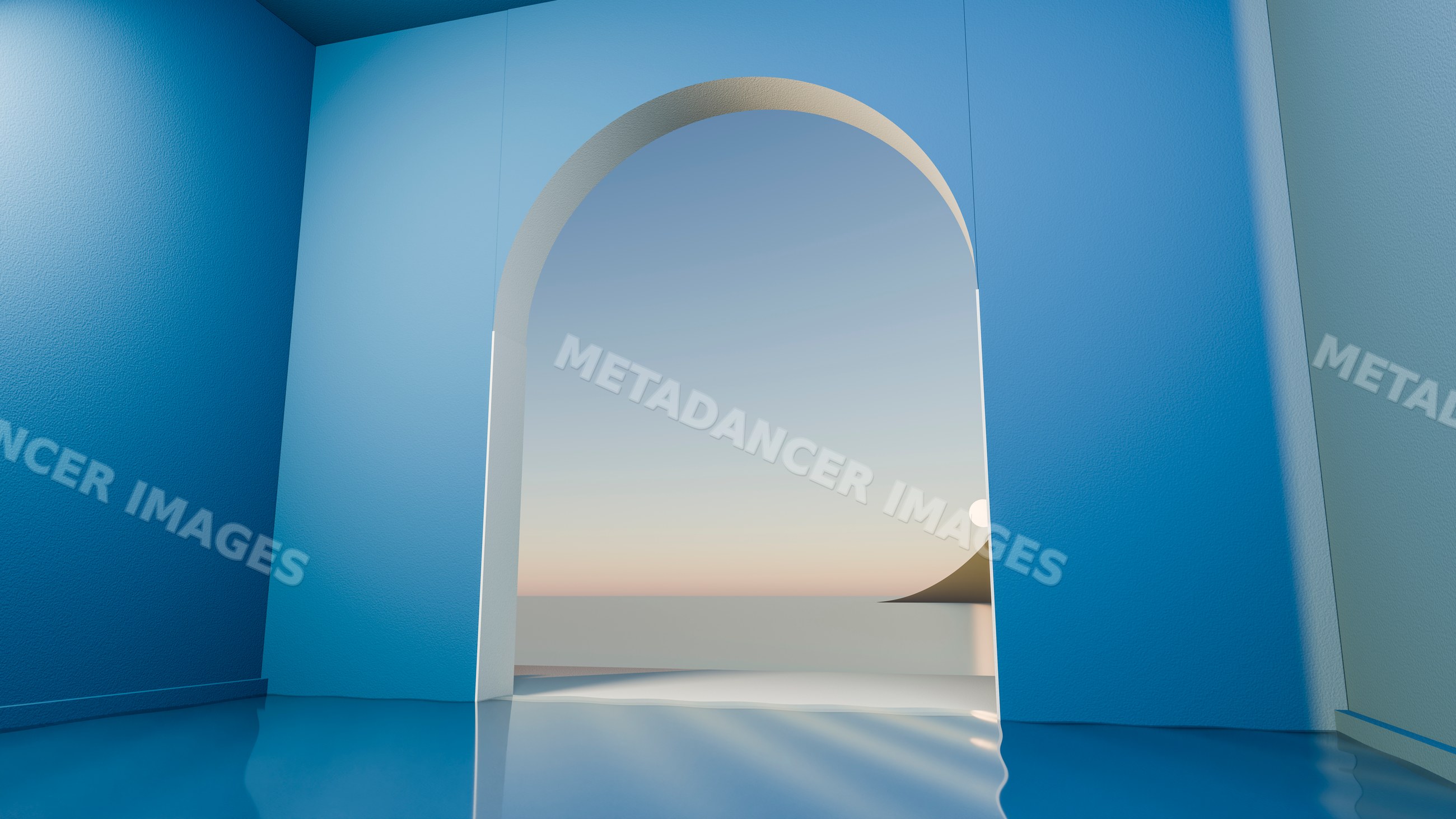 Blue wall archway framing sunset over calm ocean view