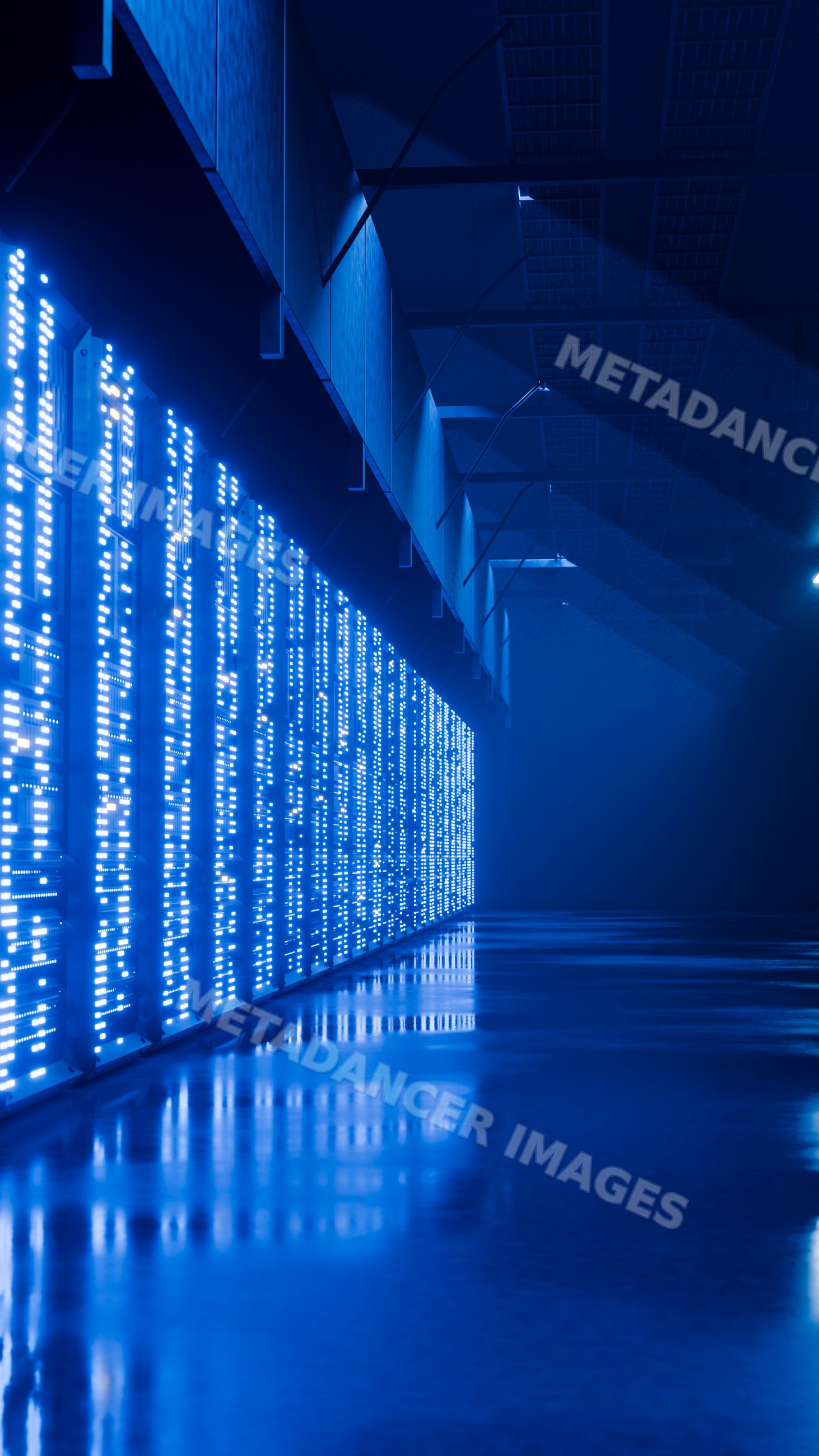 Led light panels illuminating an industrial corridor with reflective