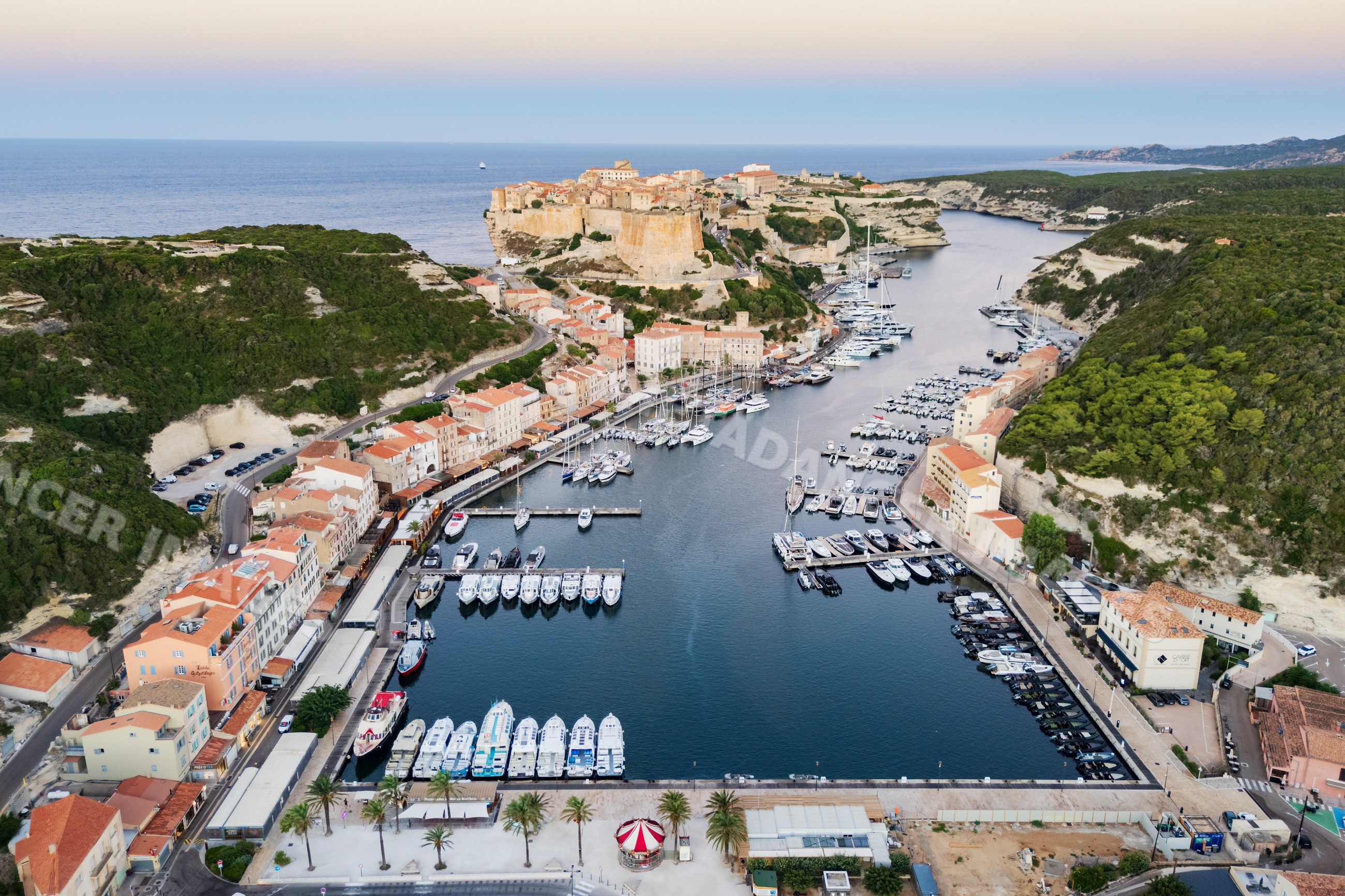 Inner Harbour and Citadel at dawn in bonifacio, corsica, france