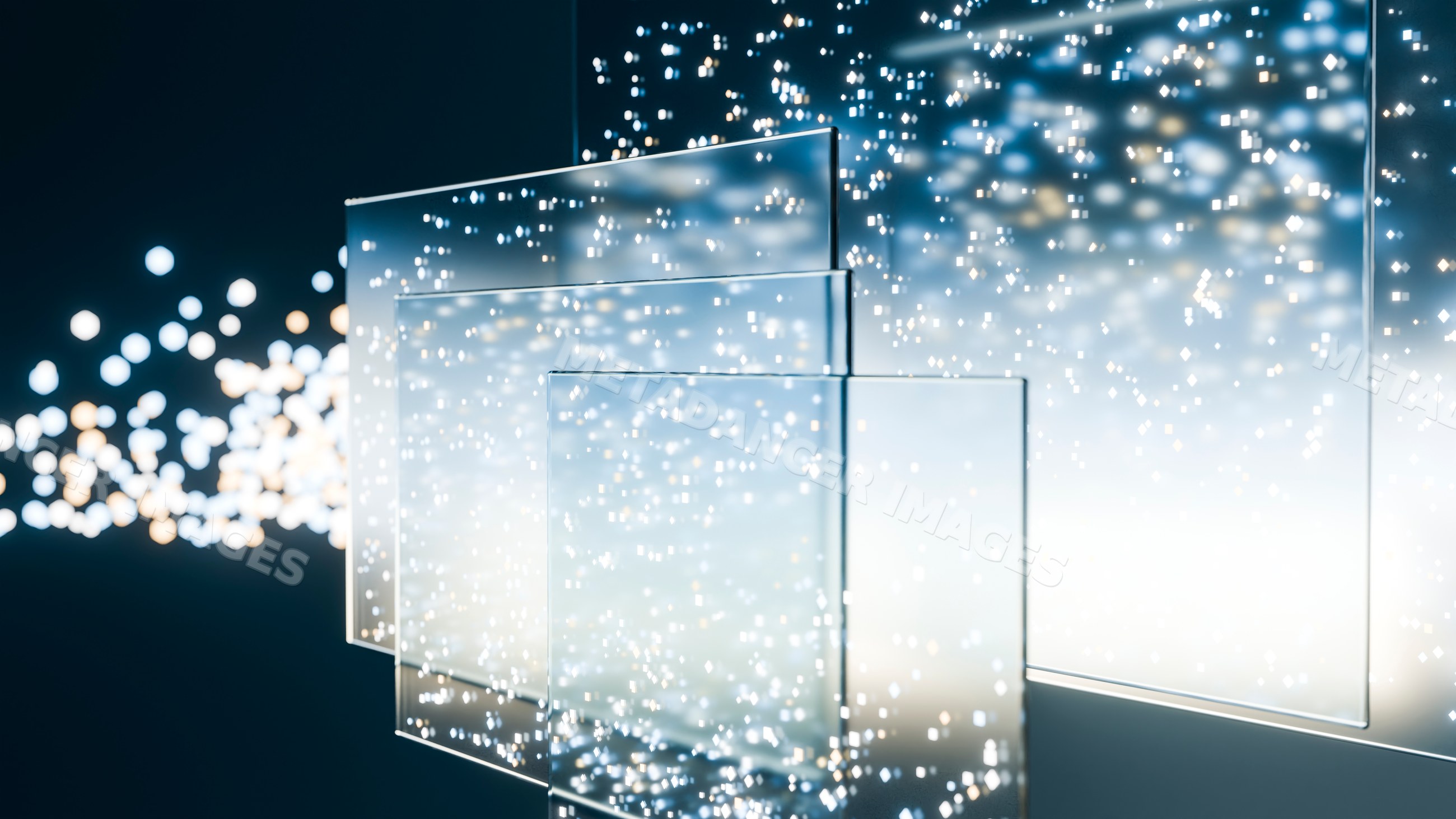 Floating transparent glass panels with glowing light particles