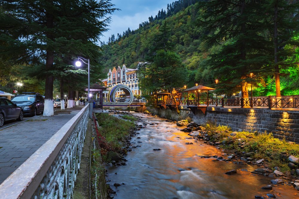Borjomula River flowing through borjomi at Dusk in Georgia