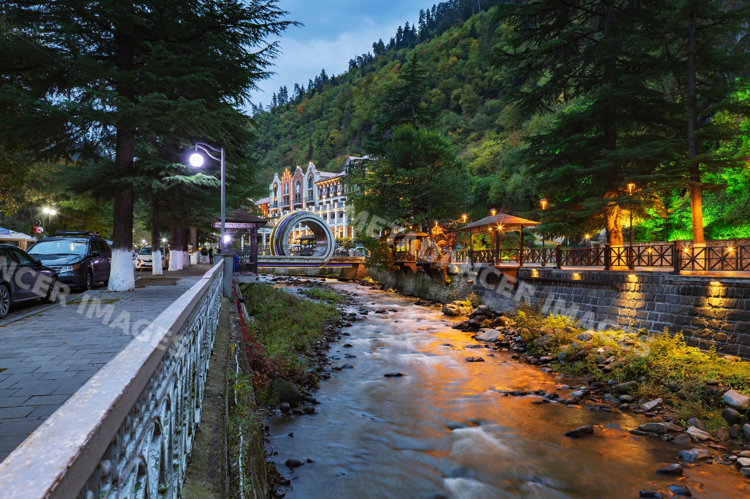 Borjomula River flowing through borjomi at Dusk in Georgia