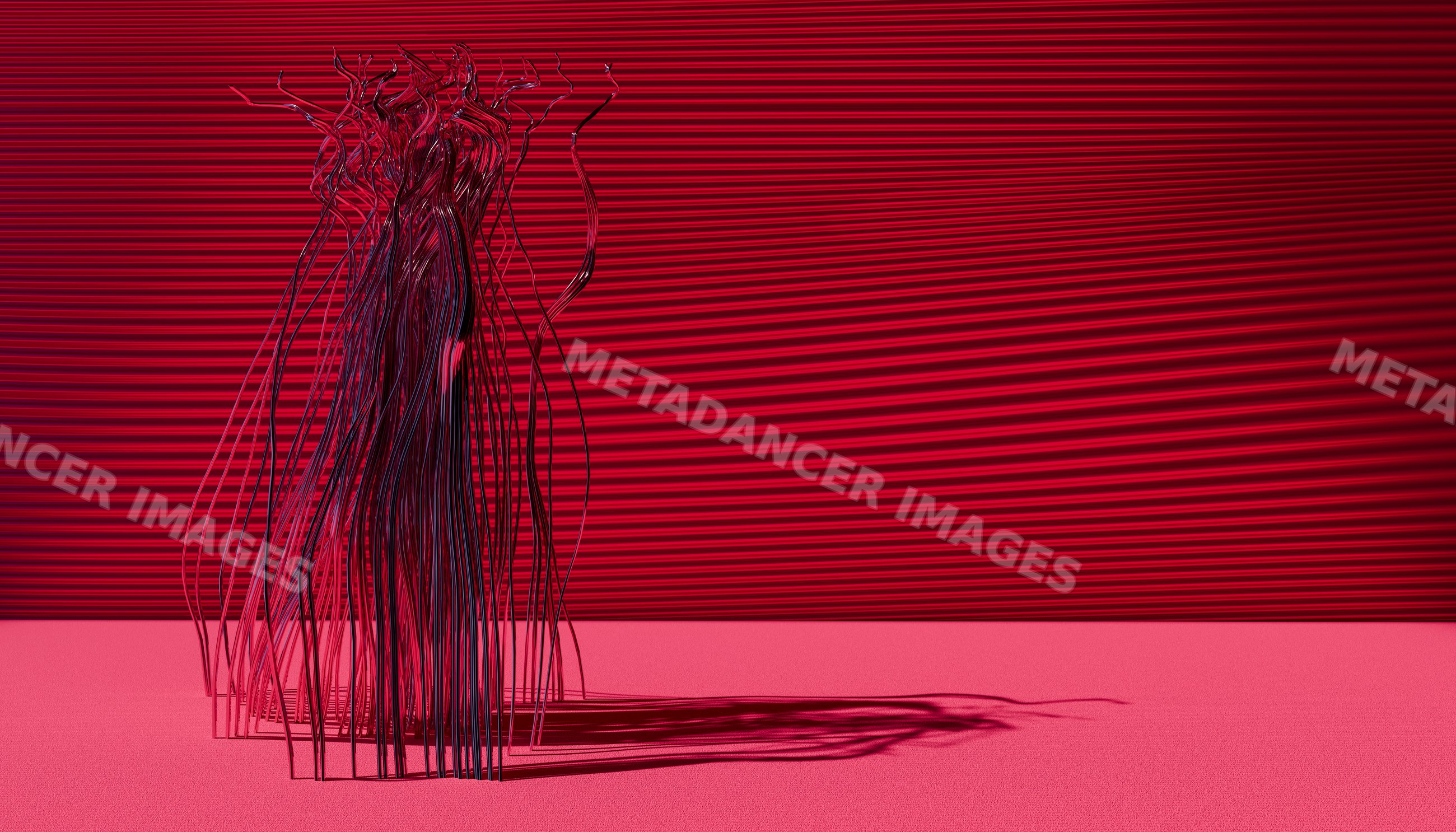 Abstract metal wire sculpture on pink surface with red background
