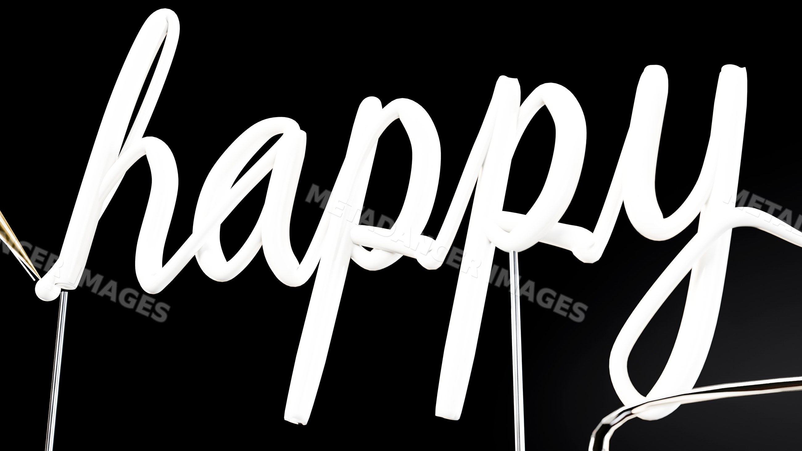 White neon sign displaying happy in calligraphic style