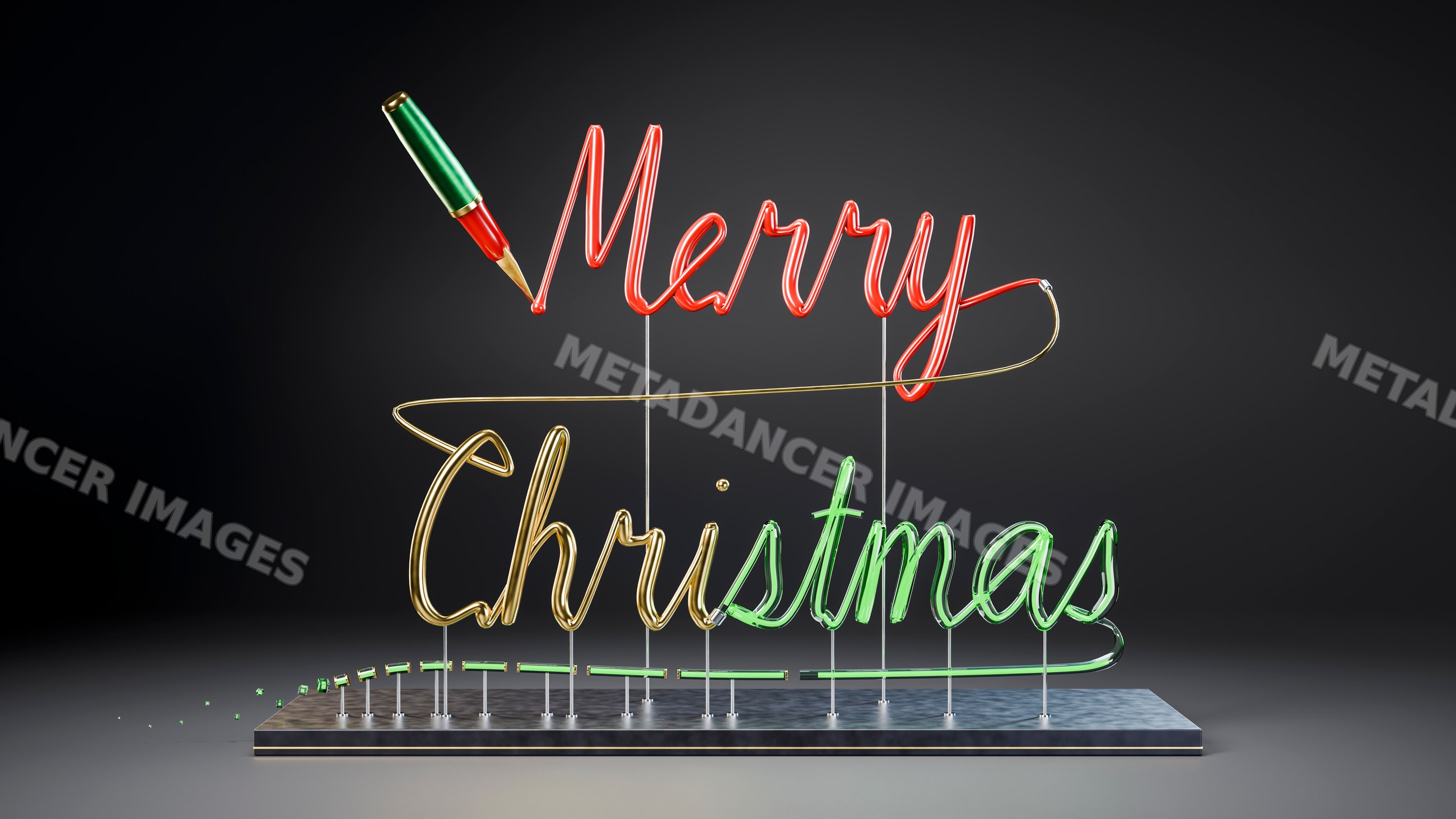 Neon sign spelling merry christmas with pen tip on dark background
