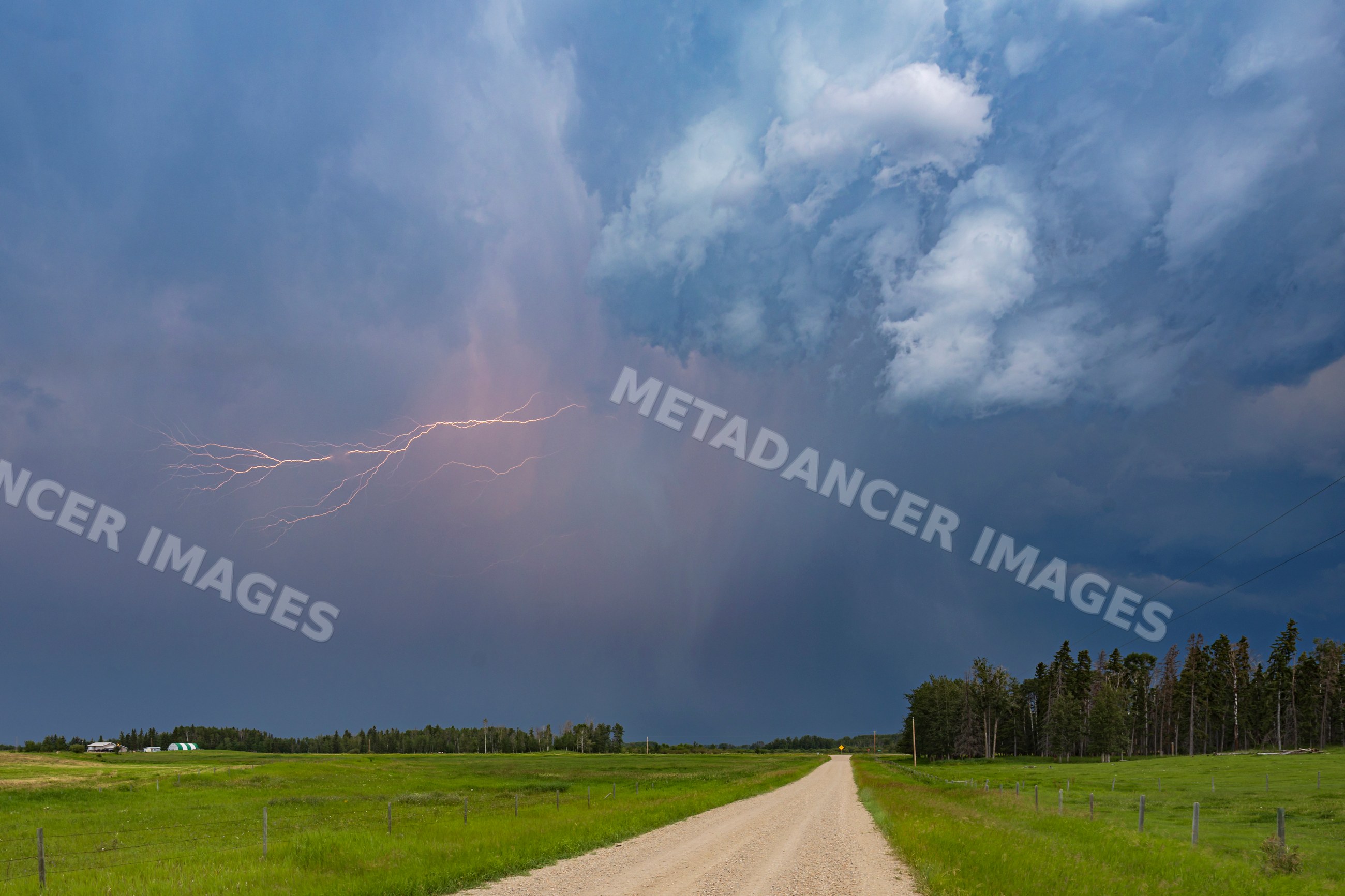Lightning storm along a rural farm road in ponoka county alberta