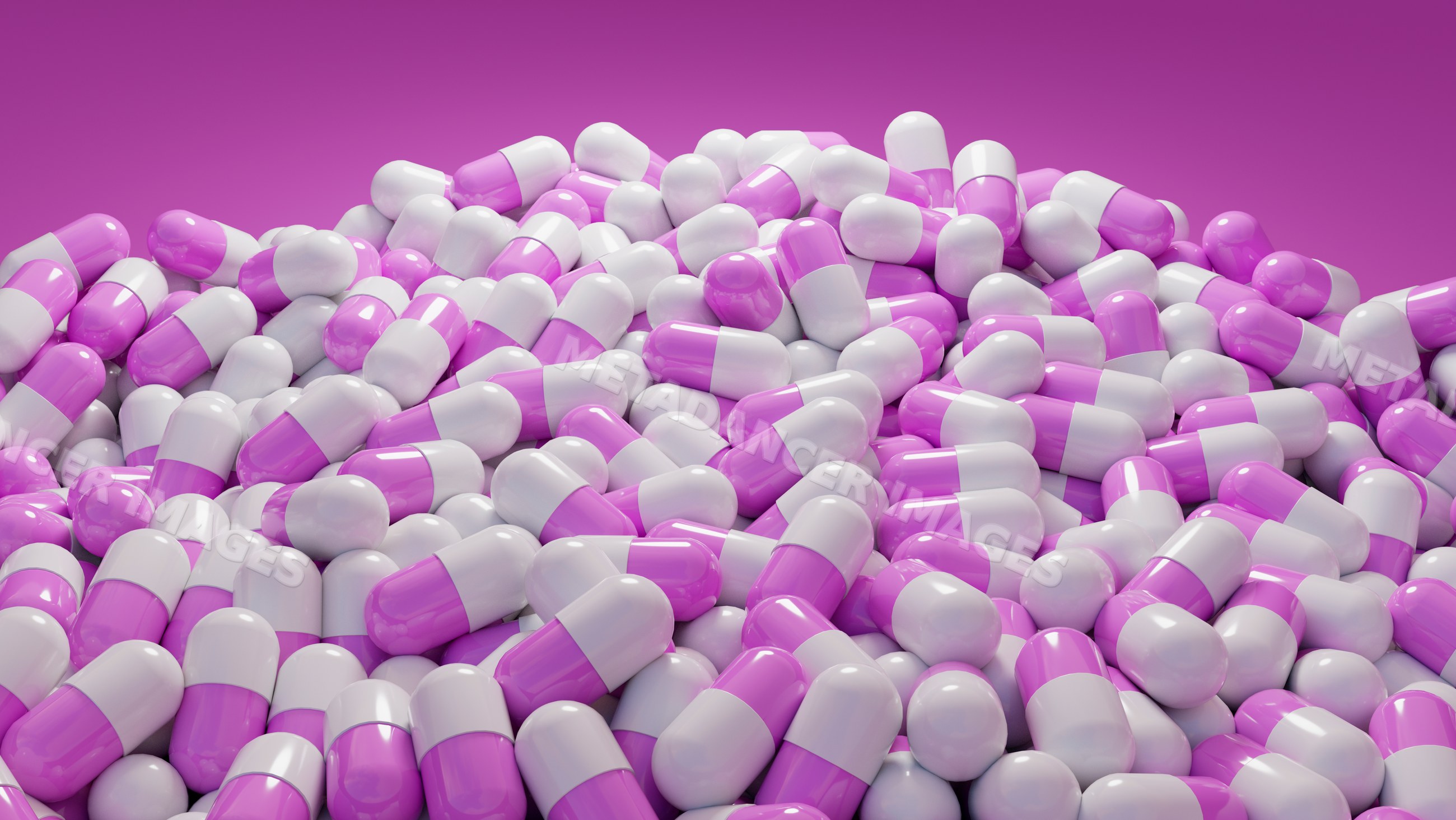 Pile of purple and white capsules used as medication