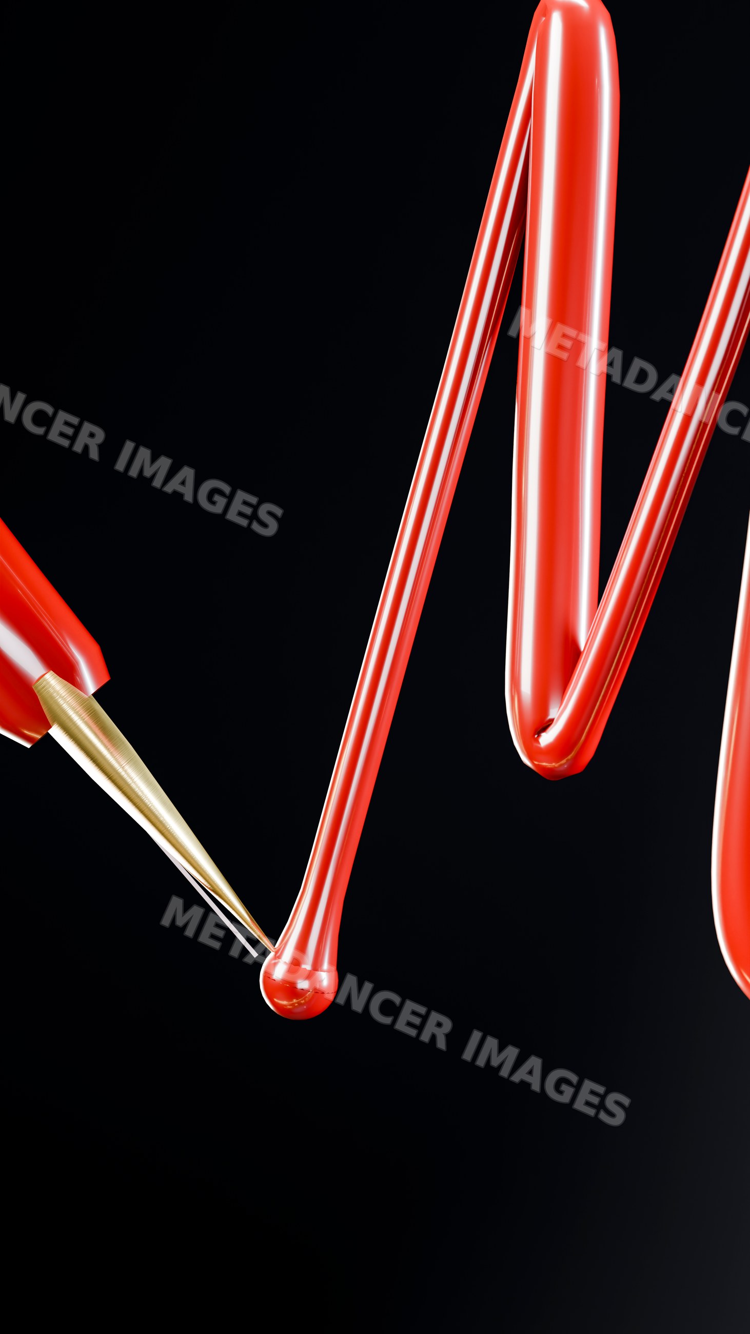Gold-tipped paintbrush dripping red paint