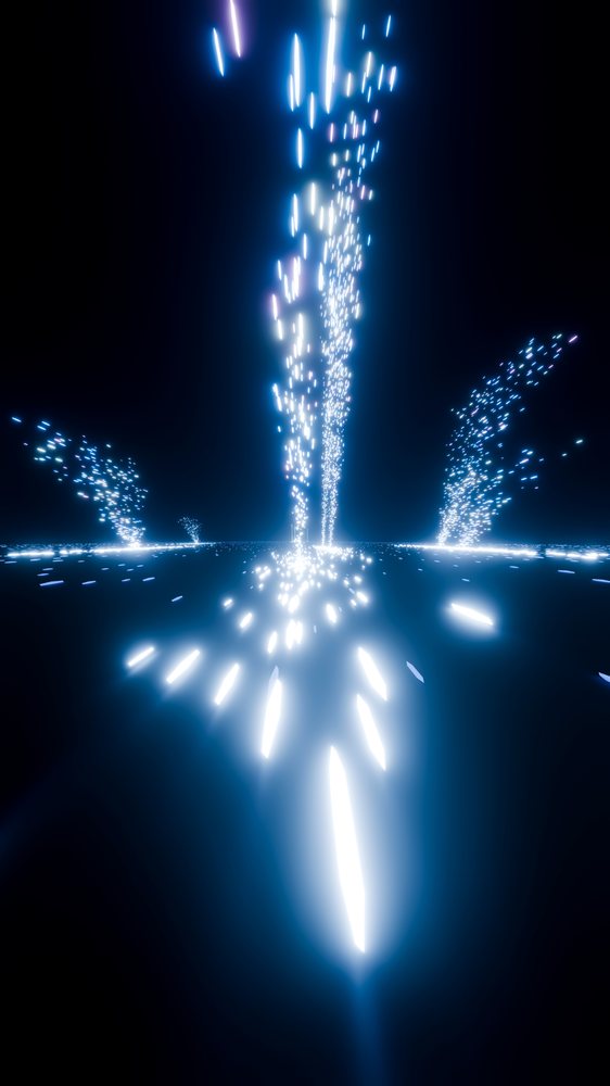 Vertical blue light streaks and glowing particles