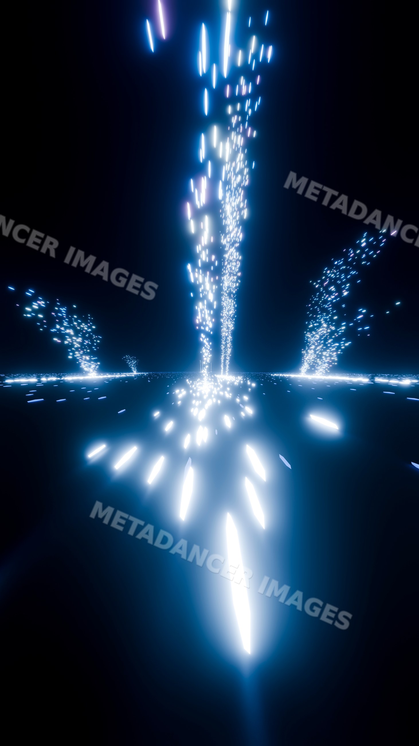 Vertical blue light streaks and glowing particles