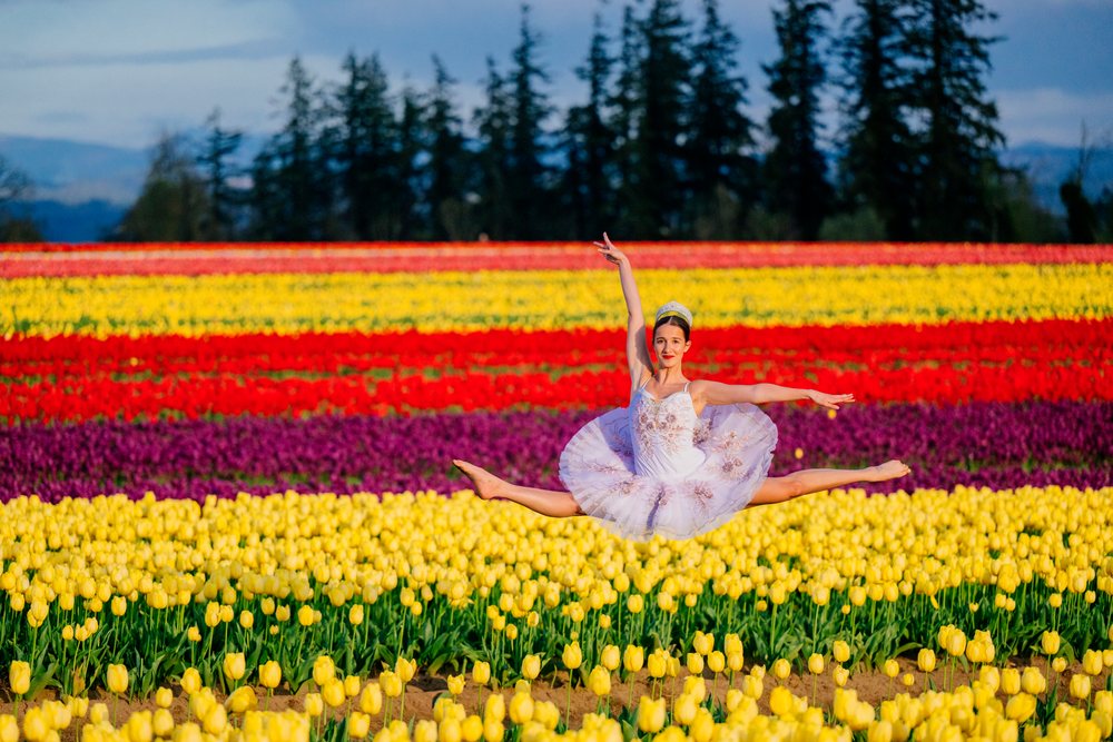 Ballet white dancer performing mid-air leap over vibrant tulip field