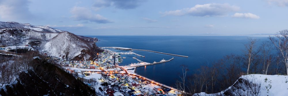 Fishing port and town of rausu on shiretoko peninsula japan