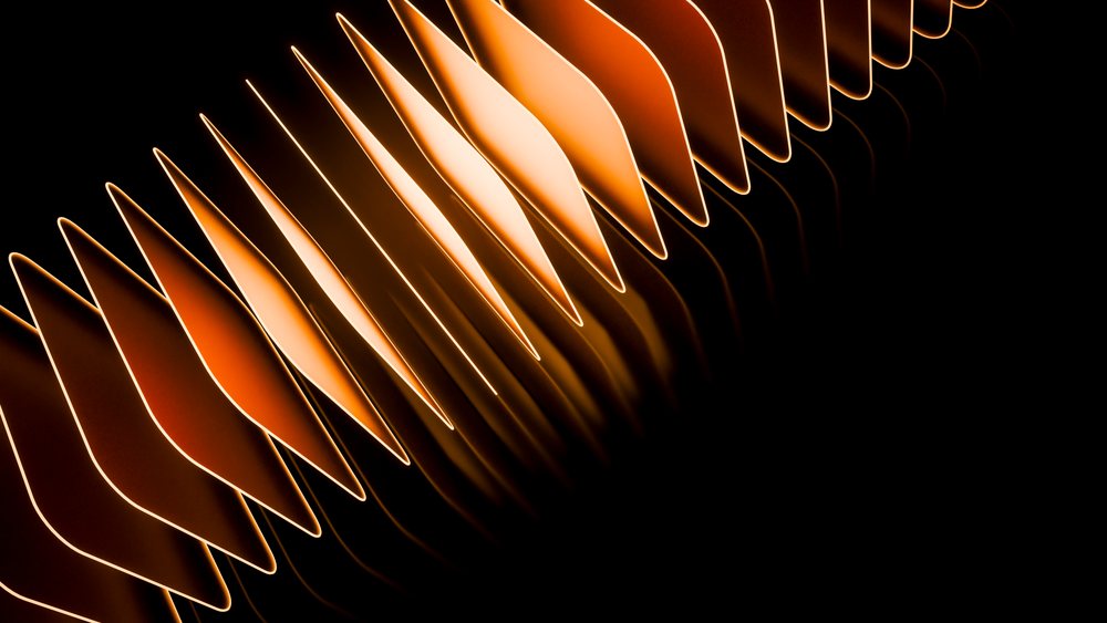 Abstract orange curved shapes with glowing edges and wave pattern