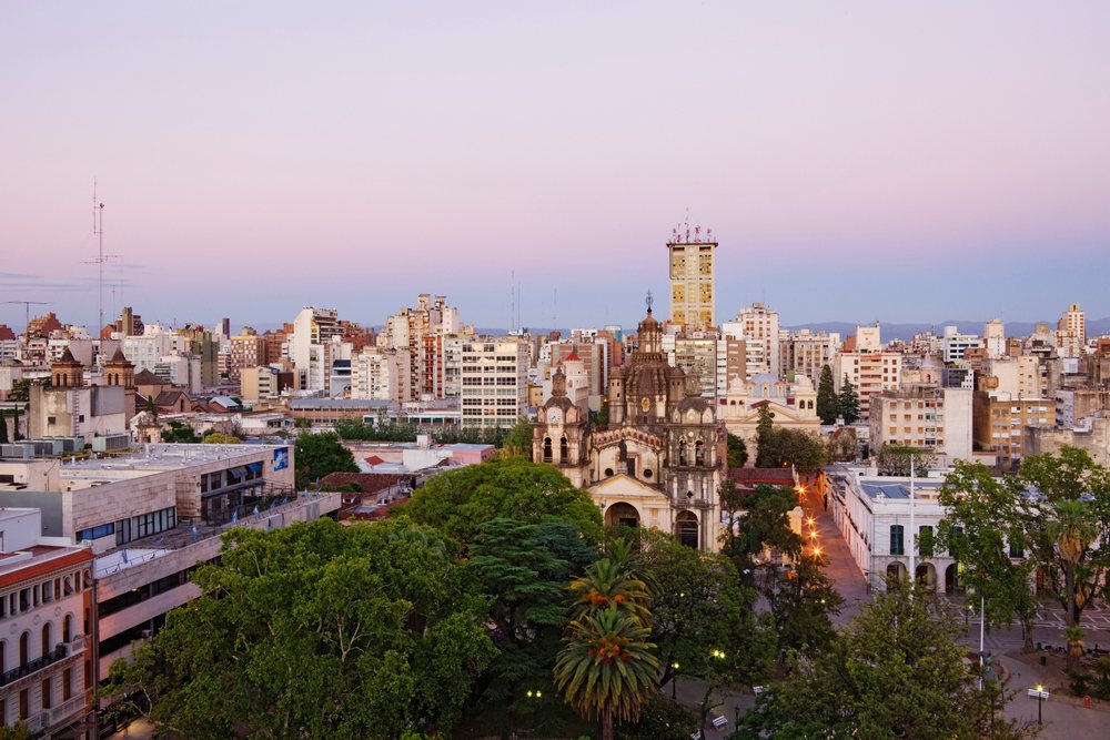 Cordoba cathedral and cityscape at sunset argentina