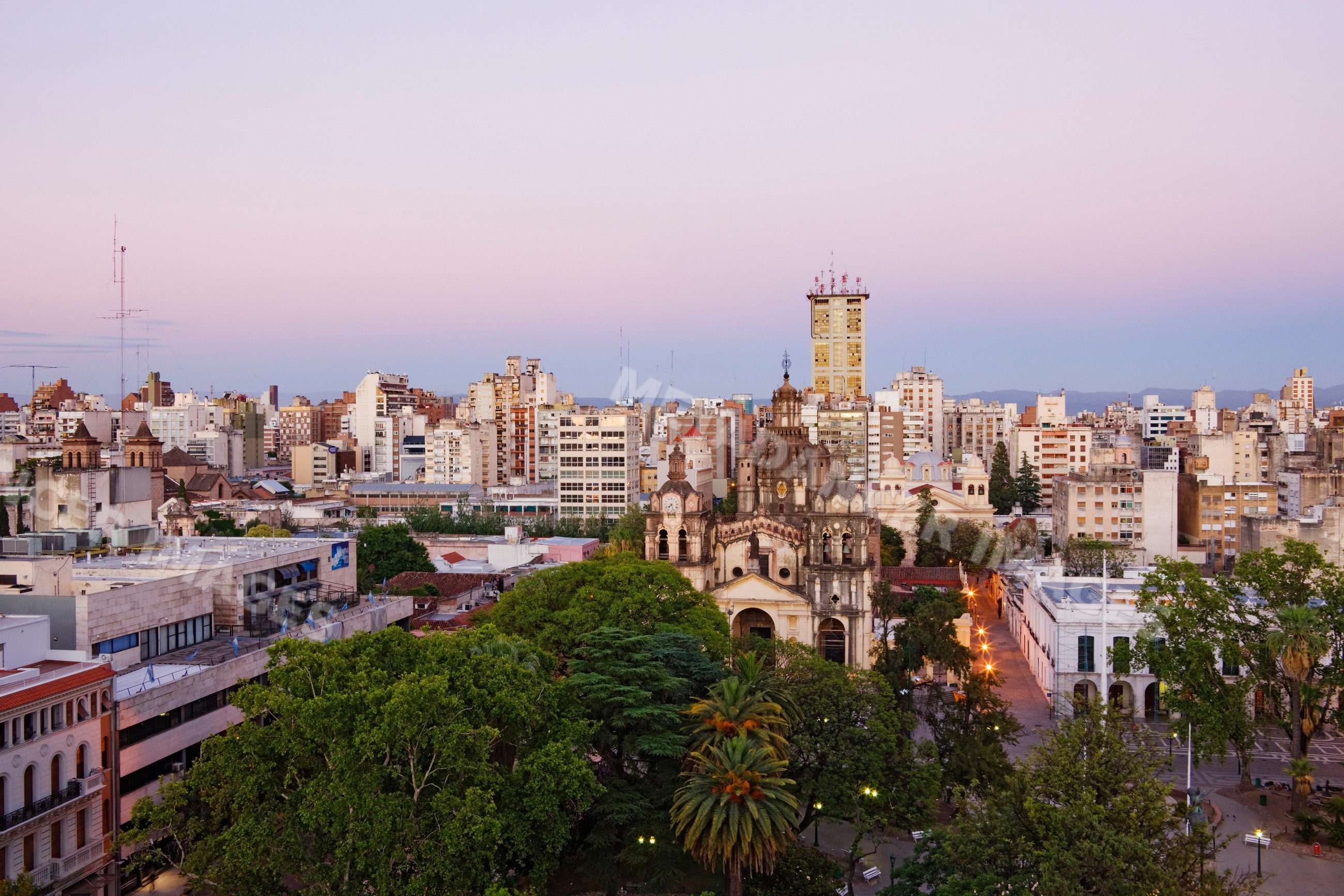 Cordoba cathedral and cityscape at sunset argentina