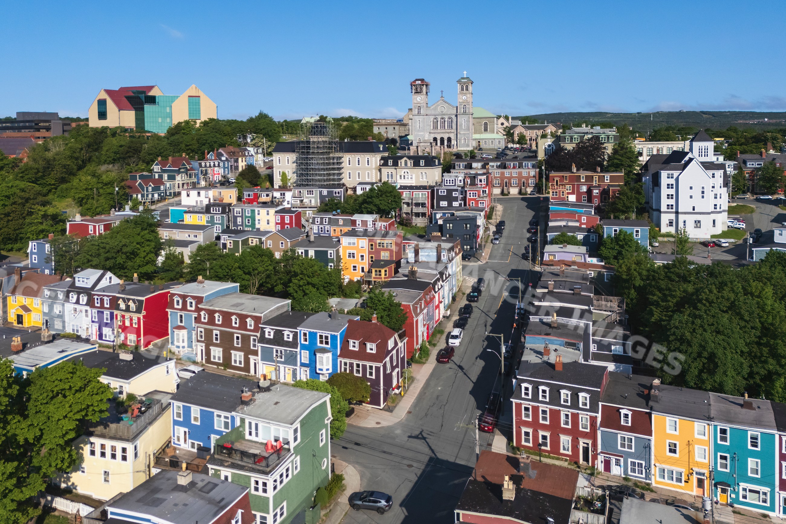 Jelly Bean Row colorful houses and church in st john's, Newfoundland